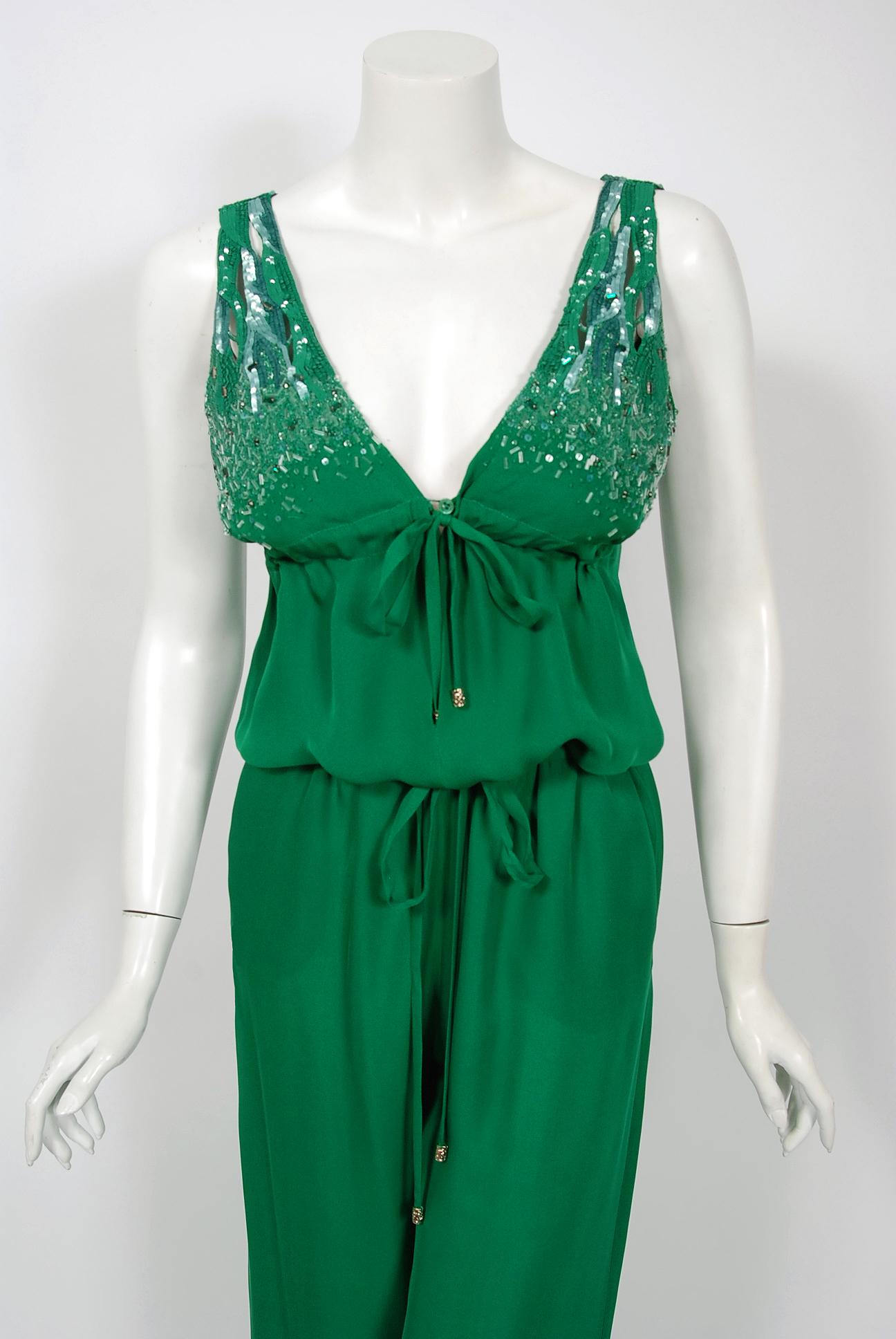 Women's Vintage 2011 Roberto Cavalli Runway Emerald Green Beaded Jeweled Silk Jumpsuit