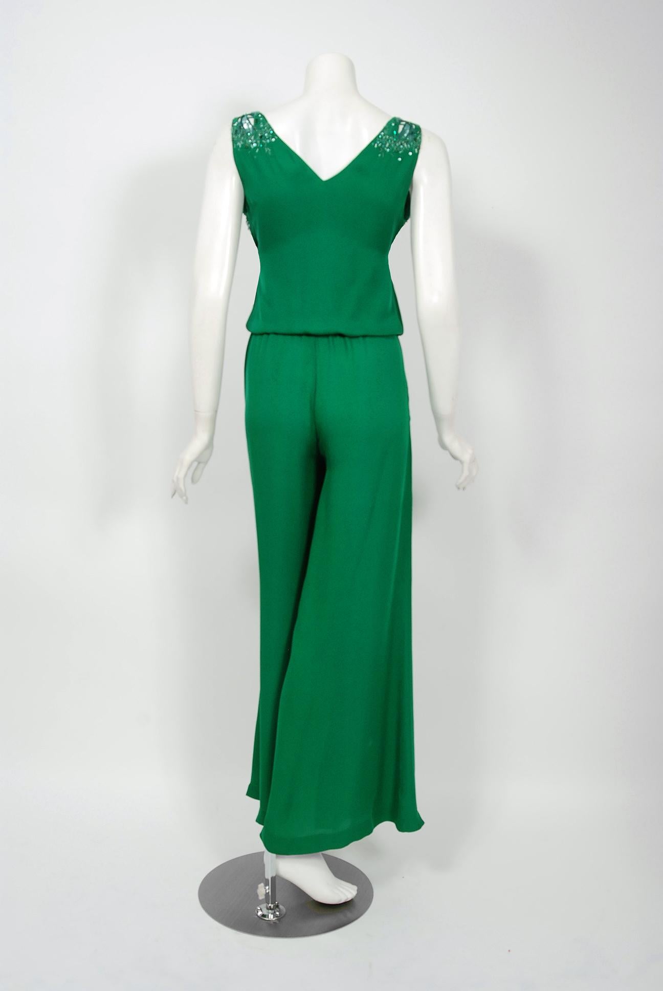 Vintage 2011 Roberto Cavalli Runway Emerald Green Beaded Jeweled Silk Jumpsuit 1