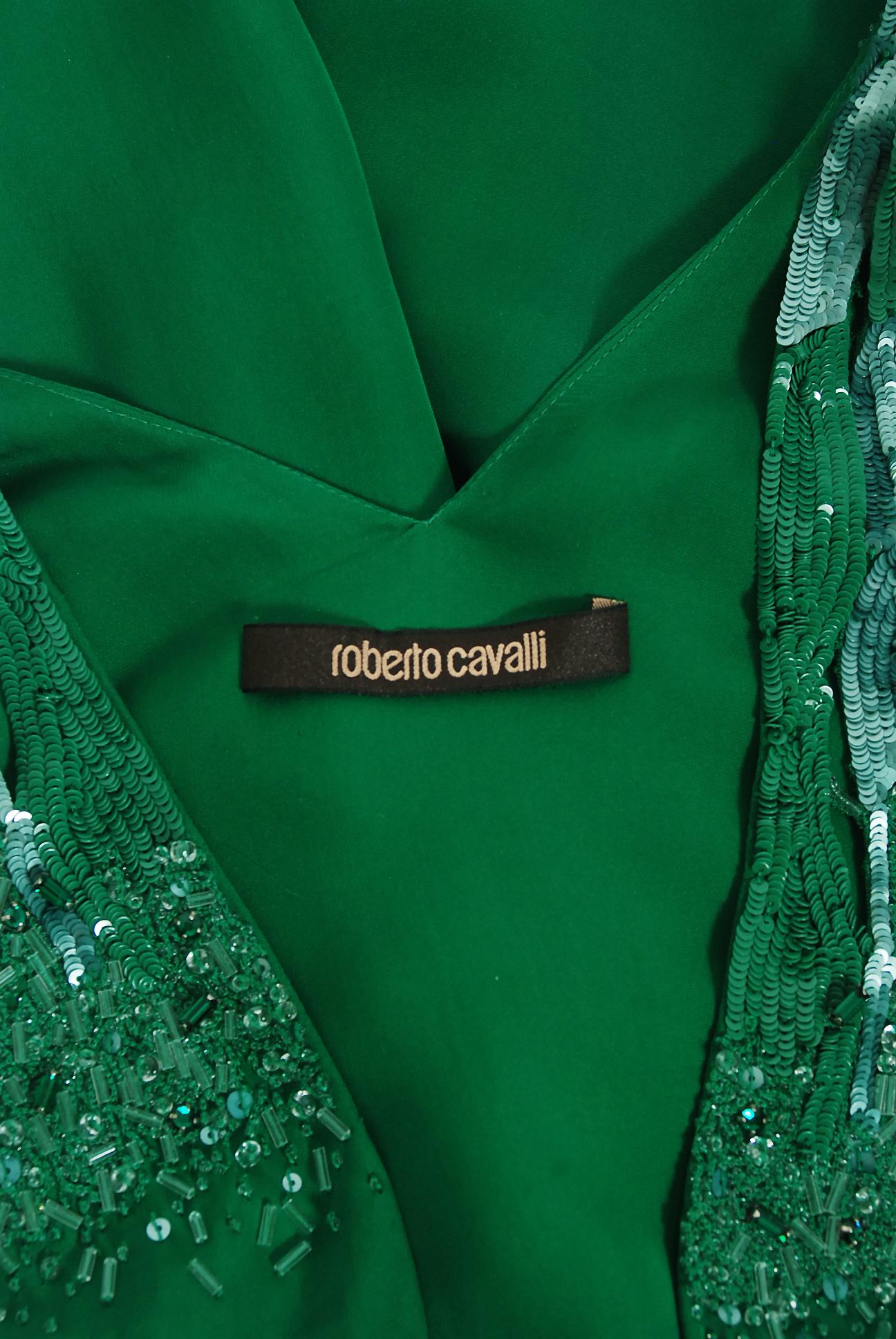 Vintage 2011 Roberto Cavalli Runway Emerald Green Beaded Jeweled Silk Jumpsuit 2