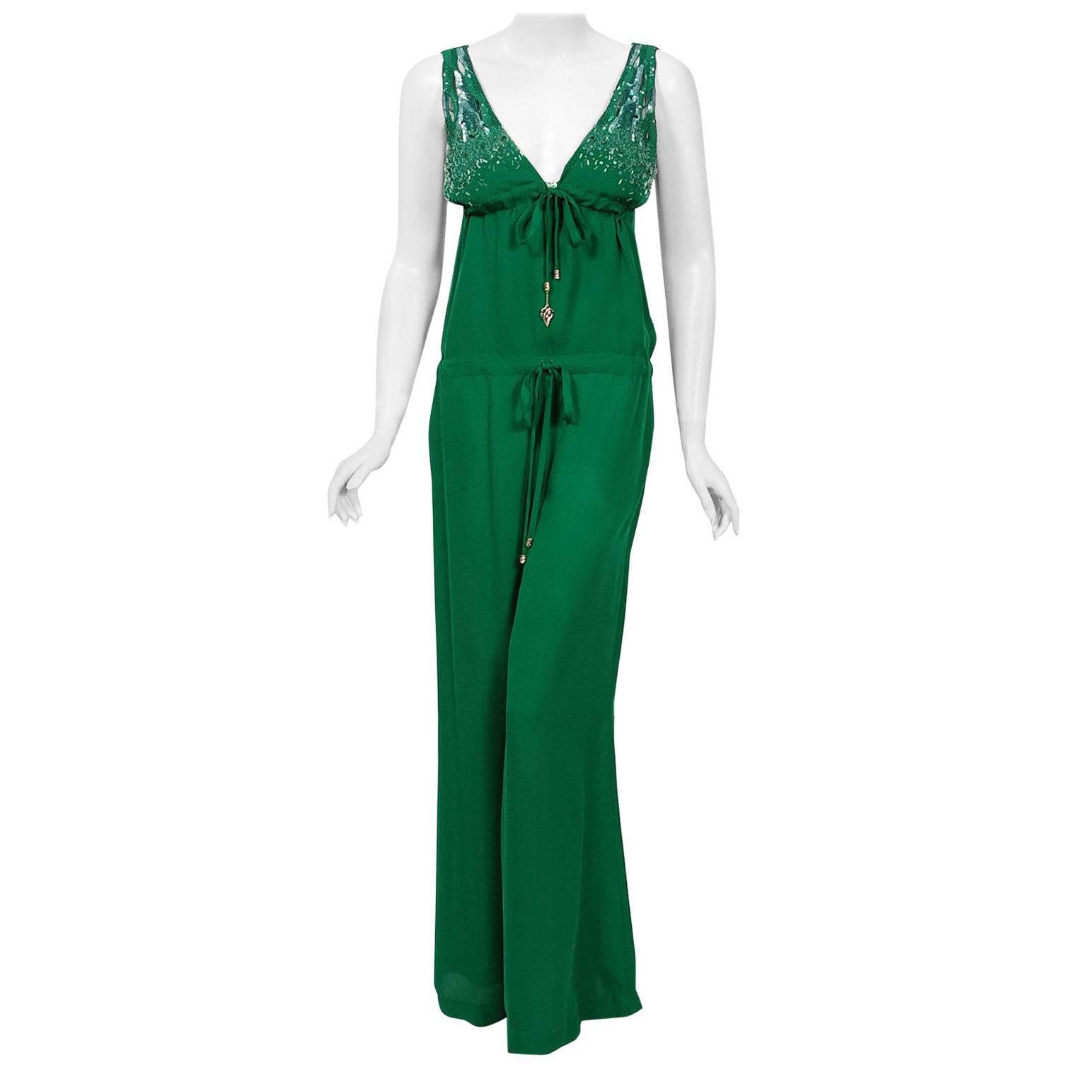 Vintage 2011 Roberto Cavalli Runway Emerald Green Beaded Jeweled Silk Jumpsuit