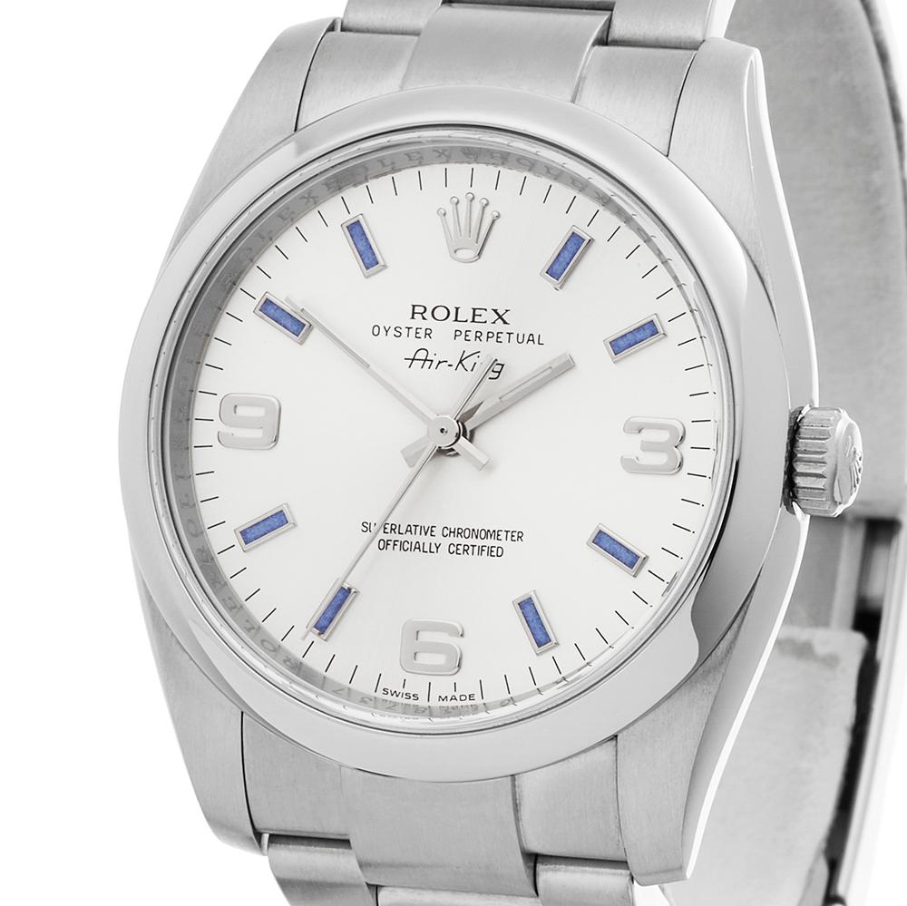 Contemporary 2011 Rolex Air King Stainless Steel 114200 Wristwatch
 *
 *Complete with: Xupes Presentation Pouch And Guarantee Only dated 21st March 2011
 *Case Size: 34mm
 *Strap: Stainless Steel Oyster
 *Age: 2011
 *Strap length: Adjustable up to
