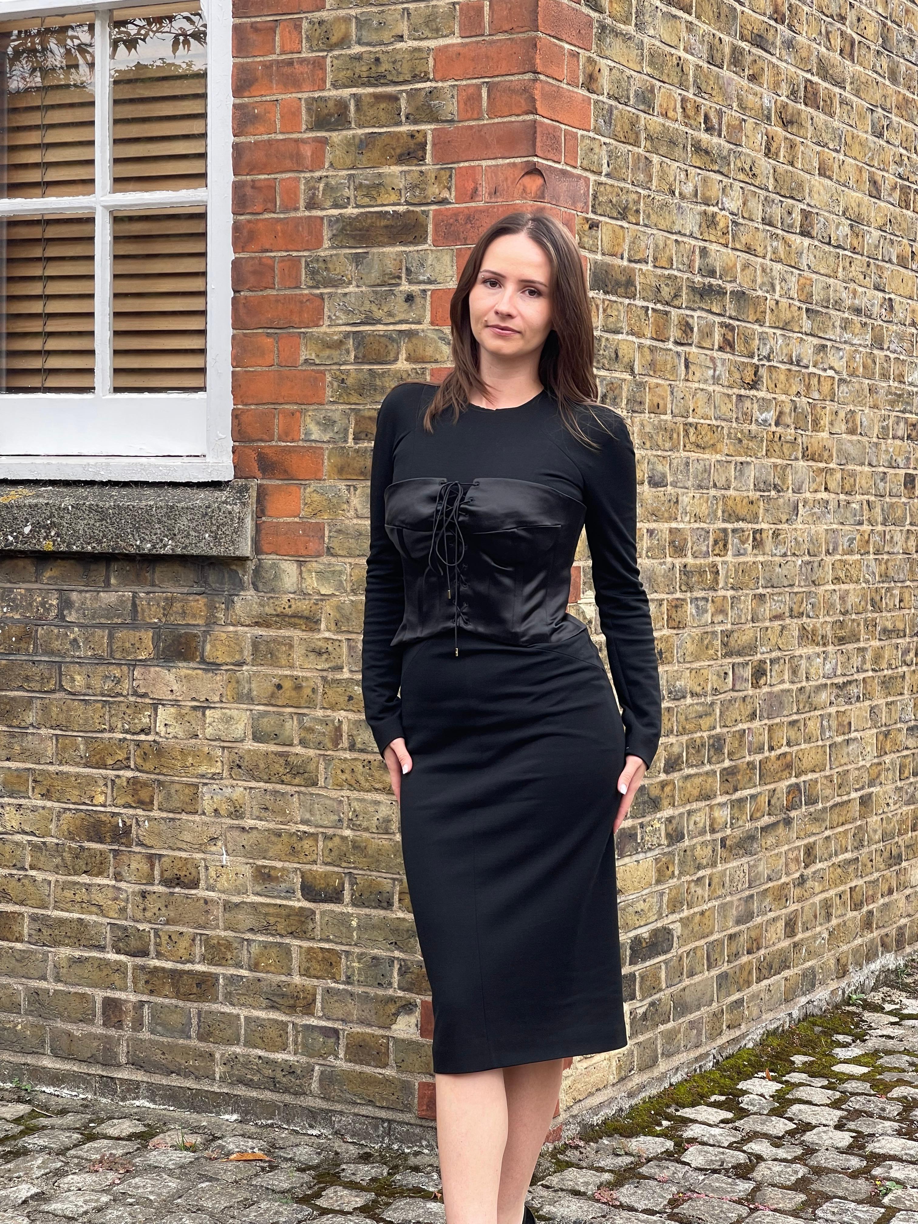 2011 Tom Ford Black Jersey Wool and Satin Corset Dress For Sale 4