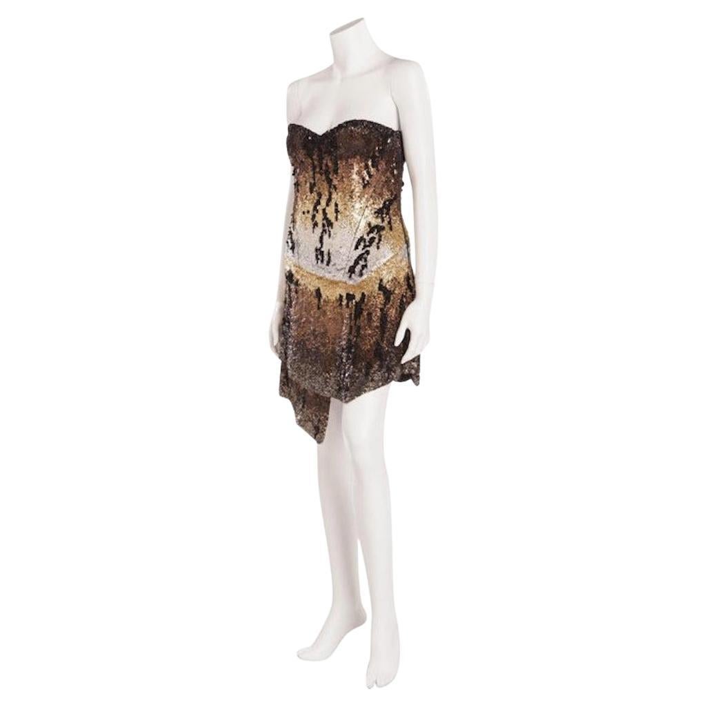 2011 Vintage Roberto Cavalli Tiger Print Sequin Strapless Mini Dress