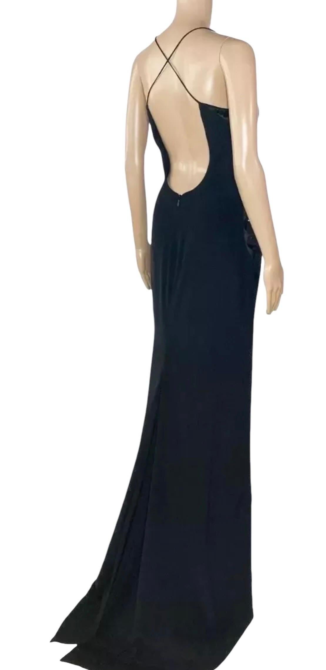 2011 Vintage Versace Black Paillete Detail and Open Back Silk Long Gown Dress For Sale 1