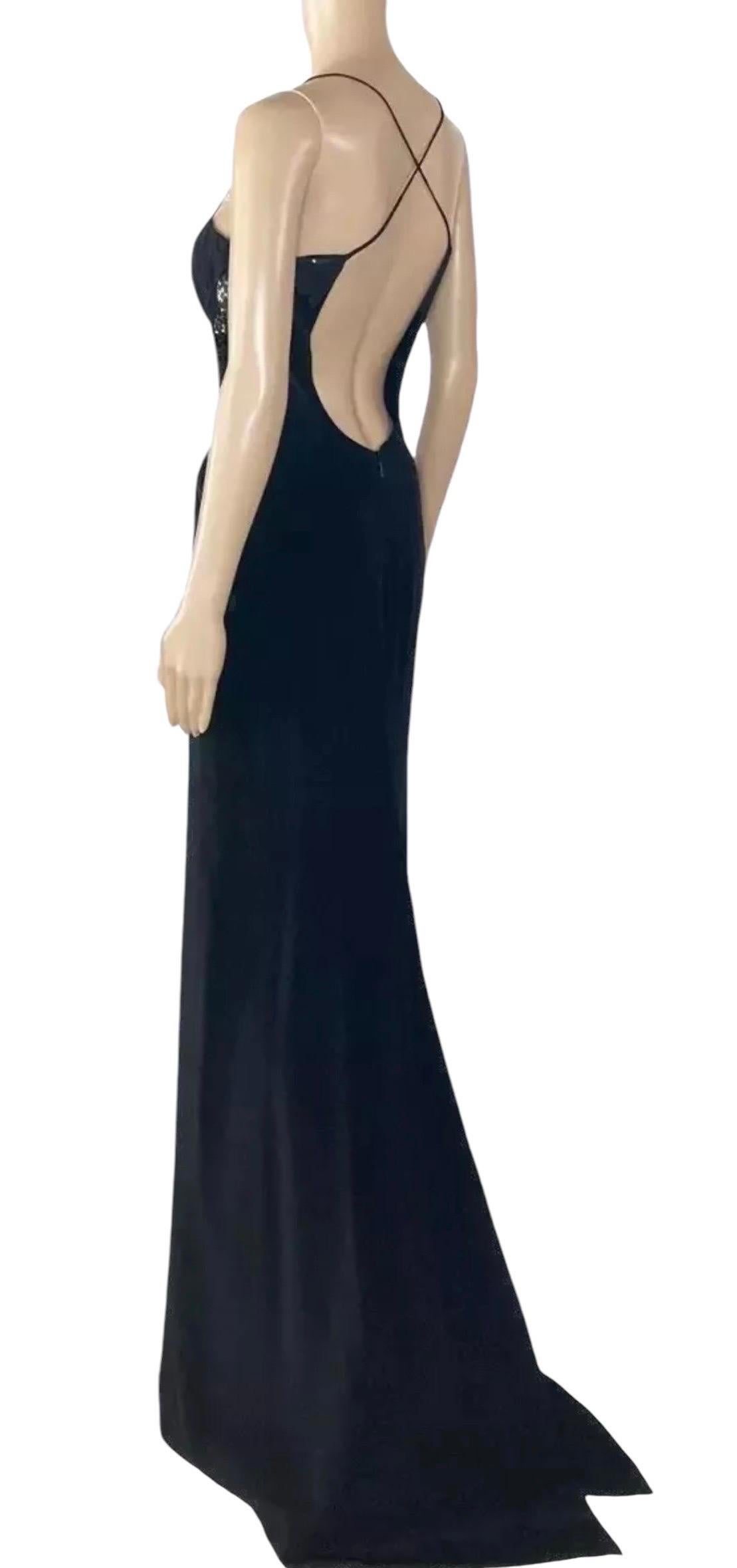 2011 Vintage Versace Black Paillete Detail and Open Back Silk Long Gown Dress For Sale 2