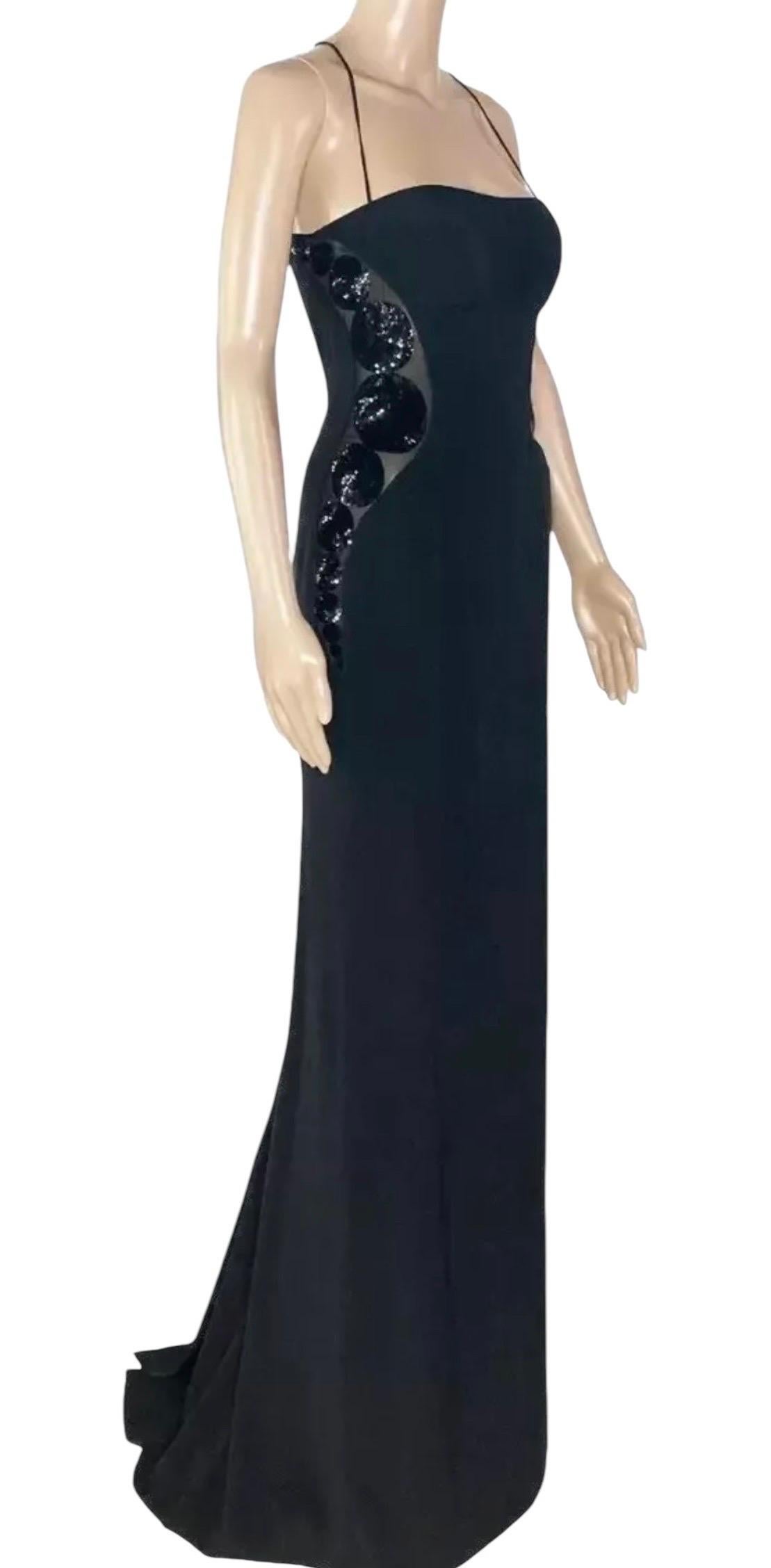 2011 Vintage Versace Black Paillete Detail and Open Back Silk Long Gown Dress For Sale 3