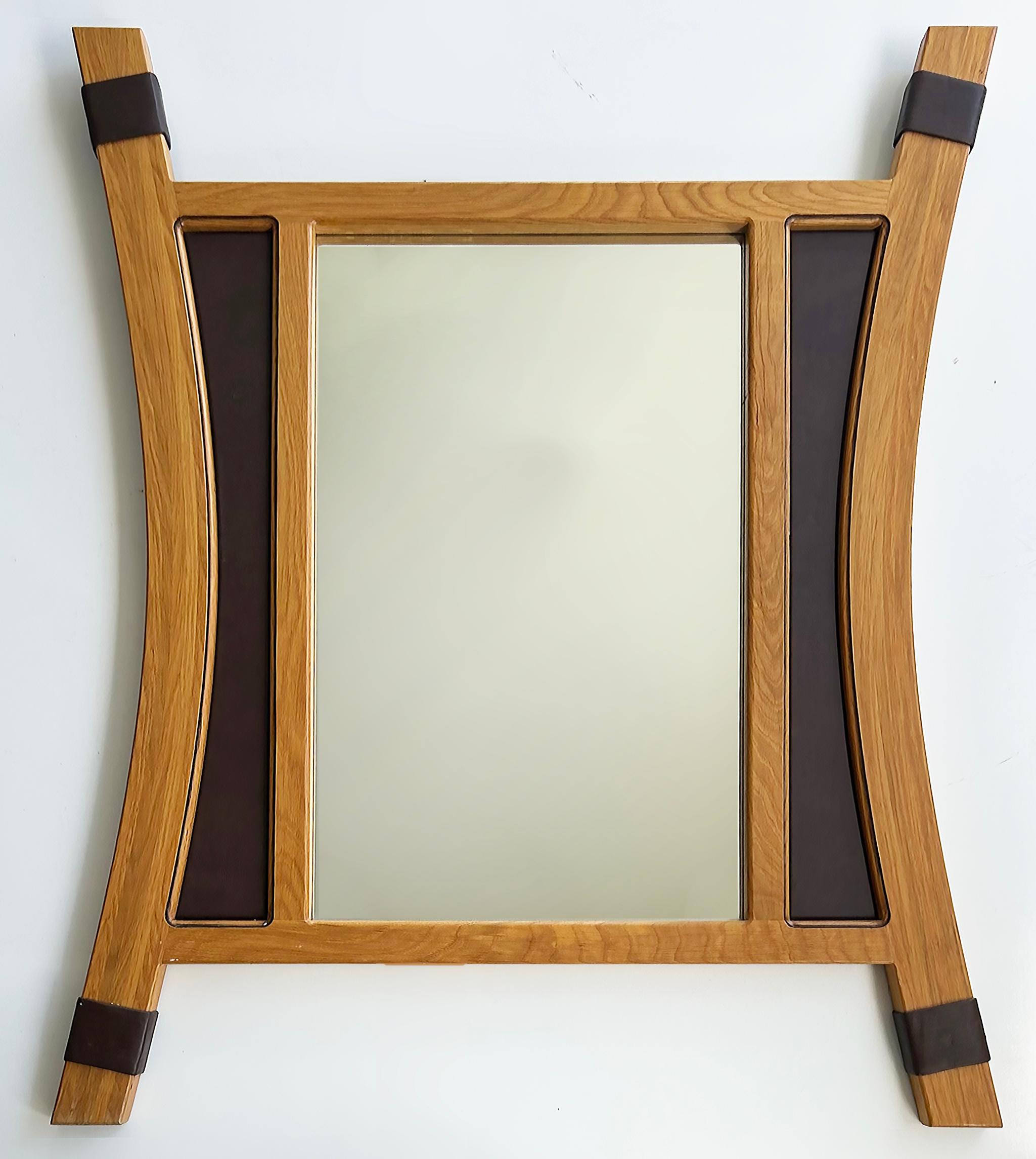 2012 Artist Signed Oak and Leather Studio Crafted Wall Mirror  In Good Condition For Sale In Miami, FL