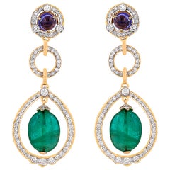 20.12 Carat Zambian Emerald Tumble Tanzanite and Diamond 18kt Gold Drop Earrings