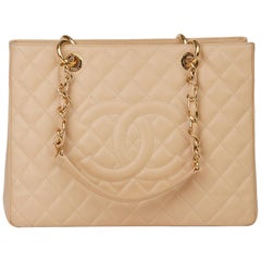 Used 2012 Chanel Beige Quilted Caviar Leather Grand Shopping Tote GST