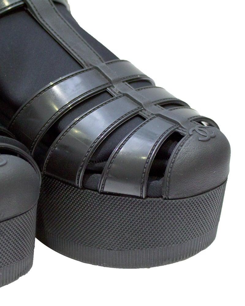 Women's 2012 Chanel Black Platform Rubber /Jelly Sandals with Neoprene Booties For Sale