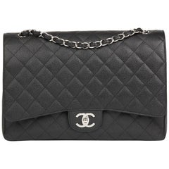 2012 Chanel Black Quilted Caviar Leather Maxi Classic Double Flap Bag