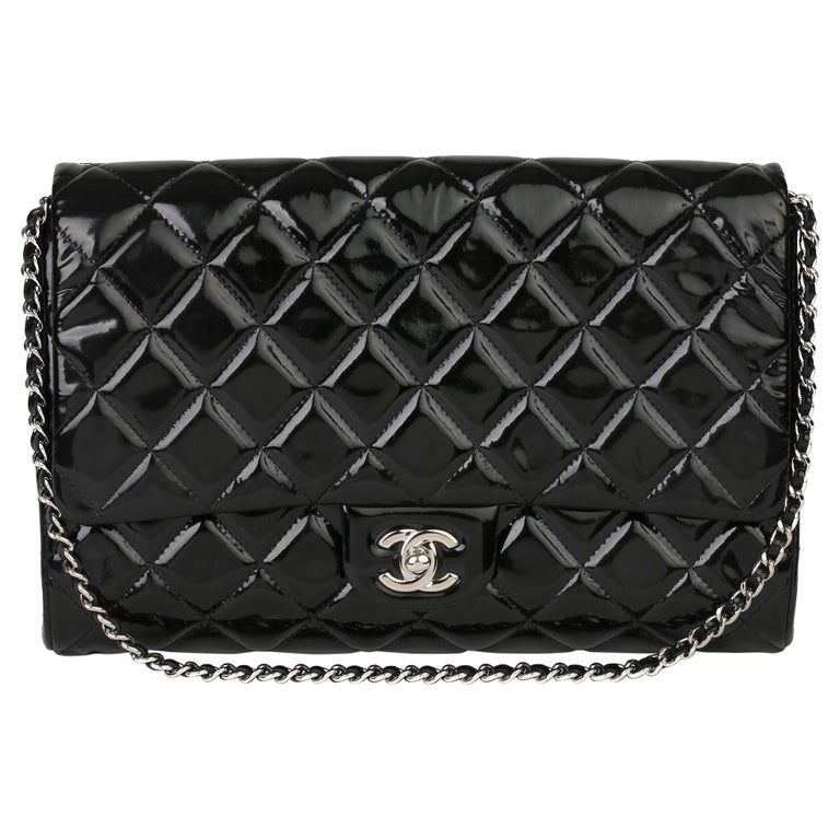 2012 Chanel Black Quilted Patent Leather Classic Clutch on Chain