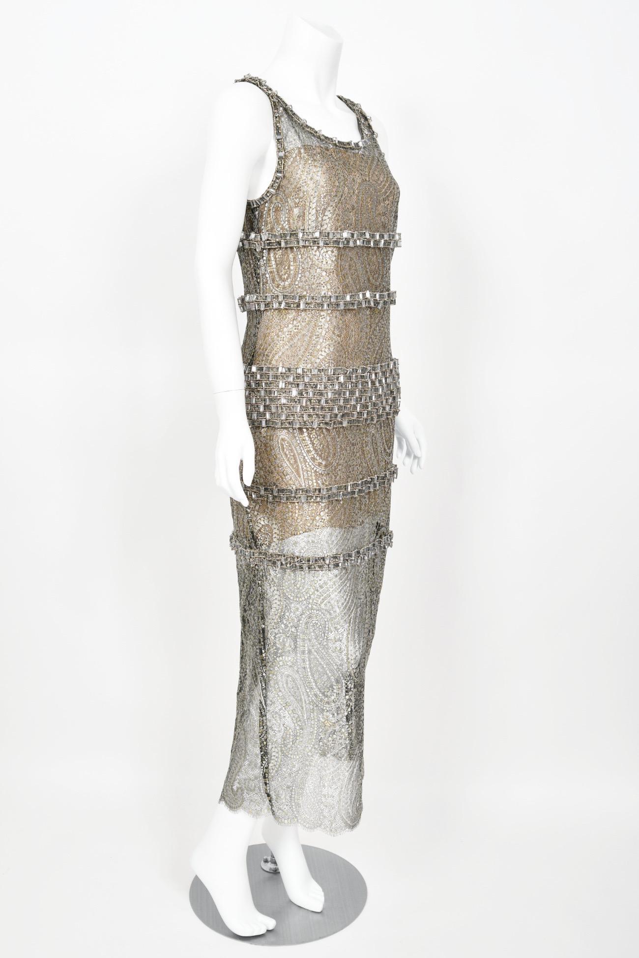 2012 Chanel by Karl Lagerfeld Runway Crystal Beaded Sheer Silver Gold Lace Dress For Sale 5