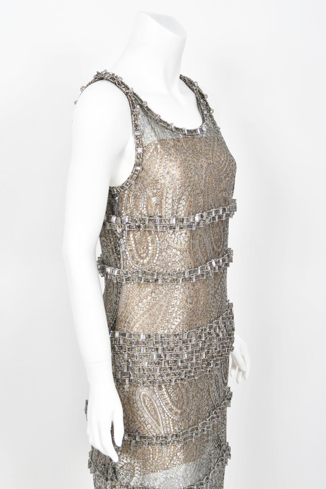 2012 Chanel by Karl Lagerfeld Runway Crystal Beaded Sheer Silver Gold Lace Dress For Sale 6