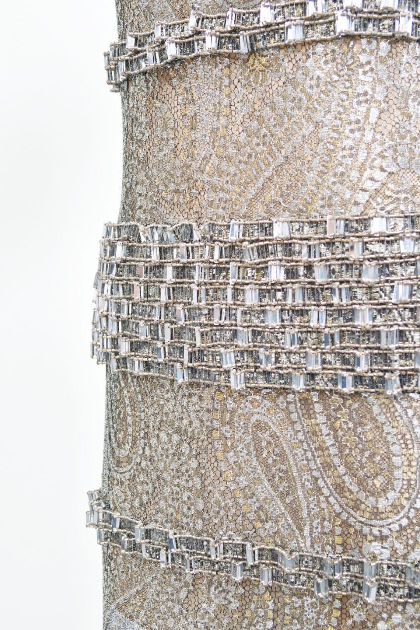 2012 Chanel by Karl Lagerfeld Runway Crystal Beaded Sheer Silver Gold Lace Dress For Sale 7