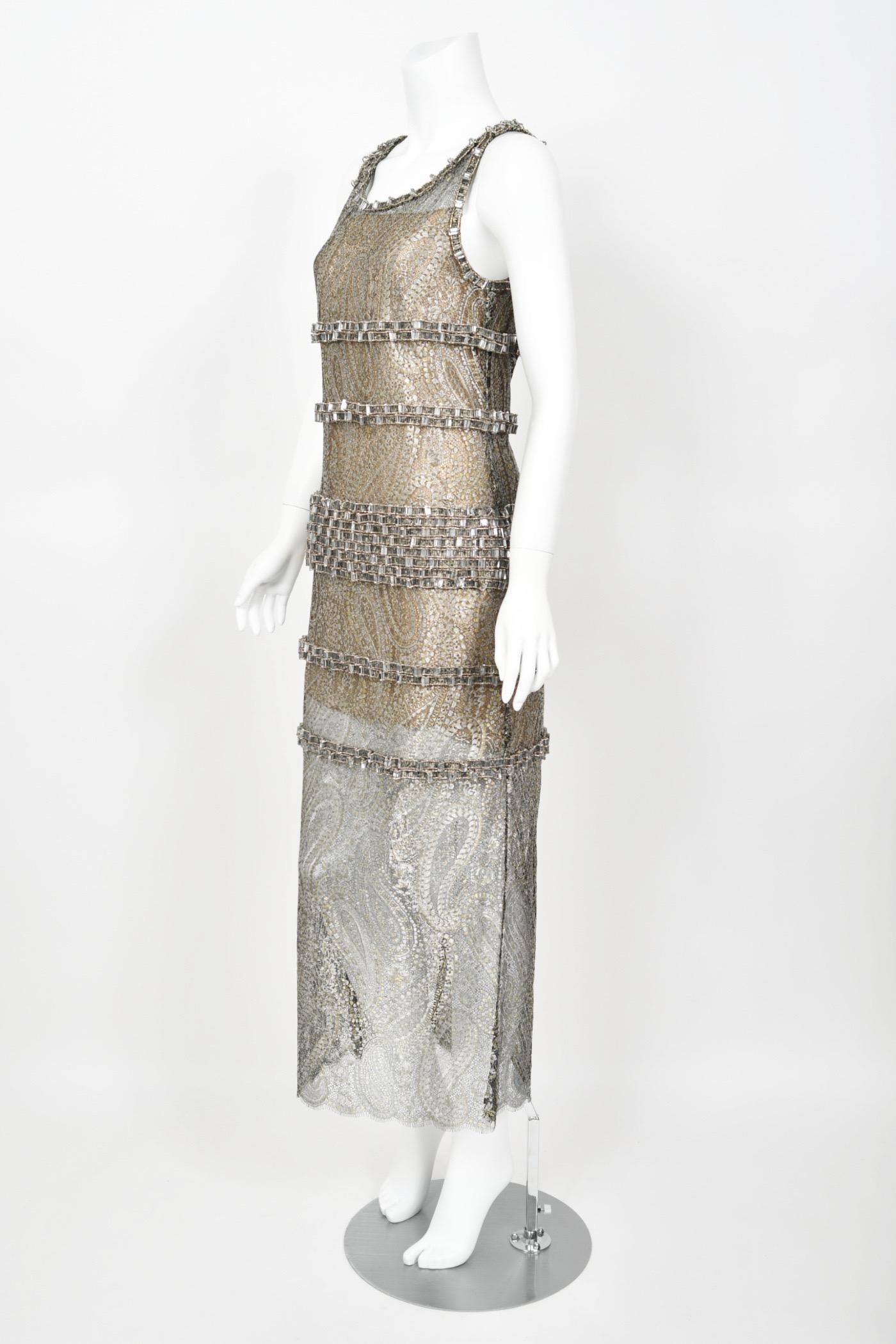 2012 Chanel by Karl Lagerfeld Runway Crystal Beaded Sheer Silver Gold Lace Dress For Sale 10