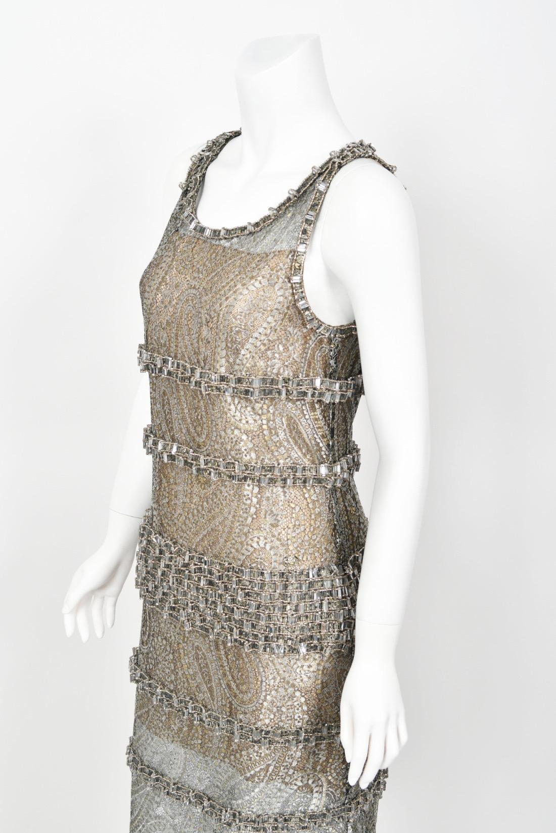 2012 Chanel by Karl Lagerfeld Runway Crystal Beaded Sheer Silver Gold Lace Dress For Sale 11