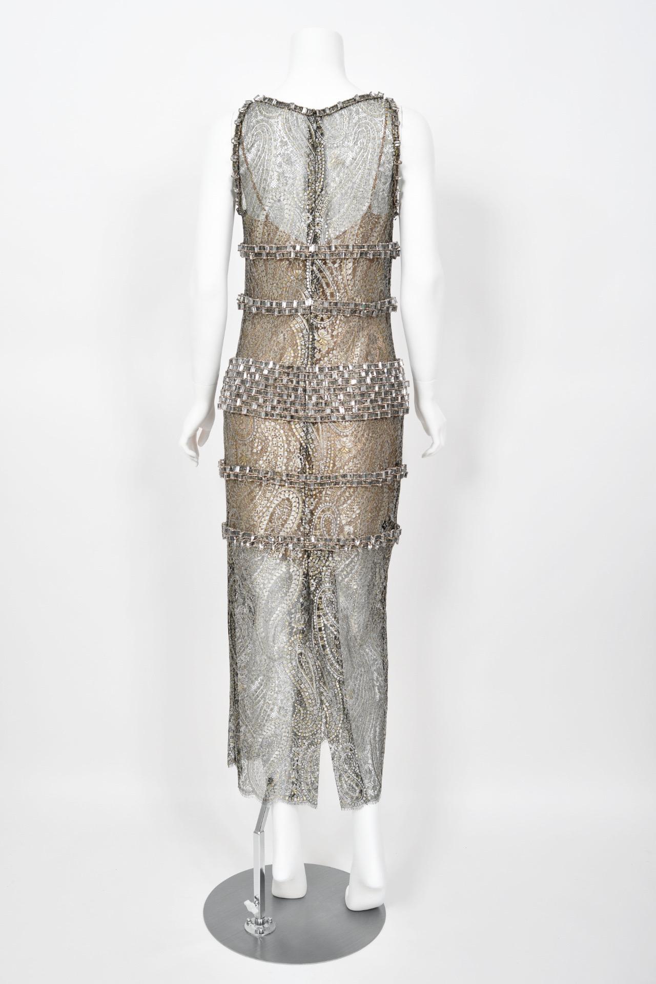 2012 Chanel by Karl Lagerfeld Runway Crystal Beaded Sheer Silver Gold Lace Dress For Sale 12