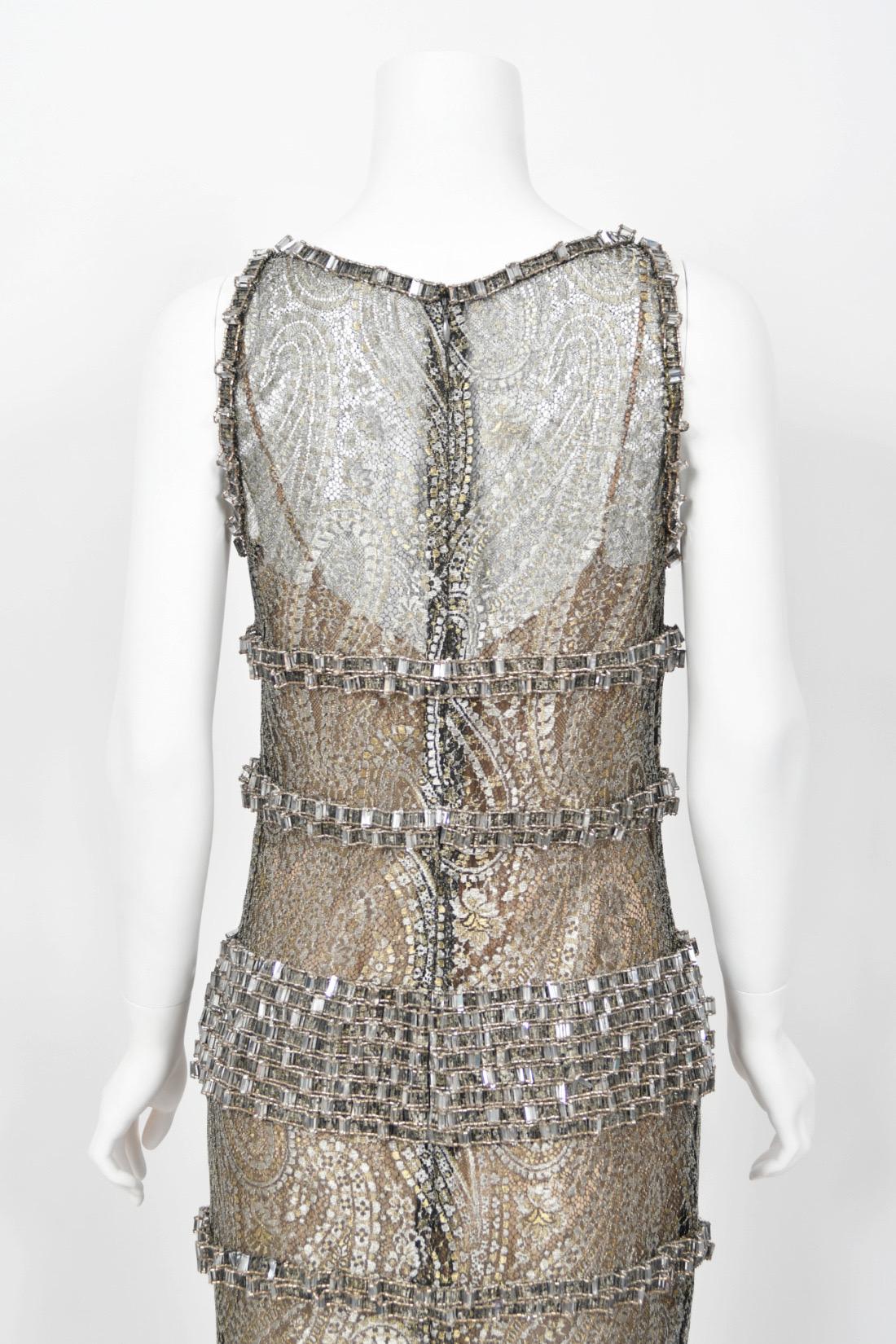 2012 Chanel by Karl Lagerfeld Runway Crystal Beaded Sheer Silver Gold Lace Dress For Sale 13