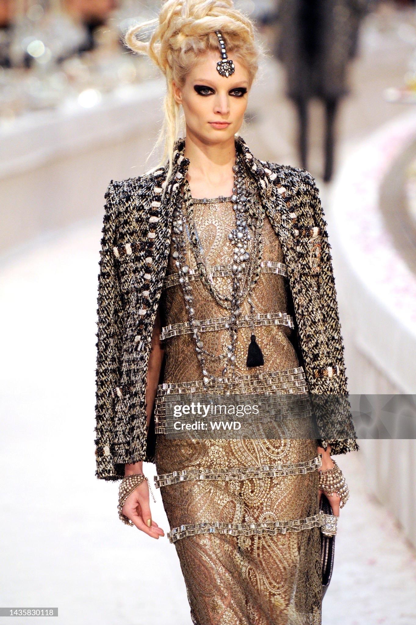 Gray 2012 Chanel by Karl Lagerfeld Runway Crystal Beaded Sheer Silver Gold Lace Dress For Sale