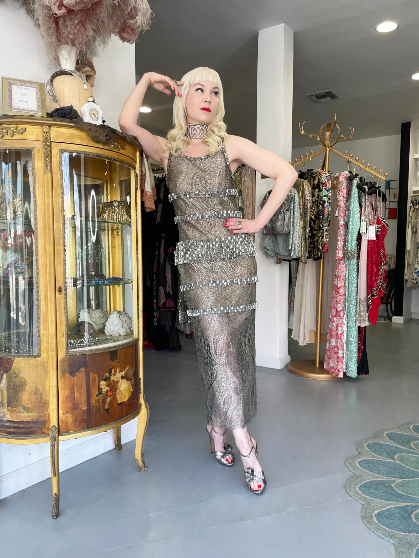 2012 Chanel by Karl Lagerfeld Runway Crystal Beaded Sheer Silver Gold Lace Dress In Excellent Condition For Sale In Beverly Hills, CA