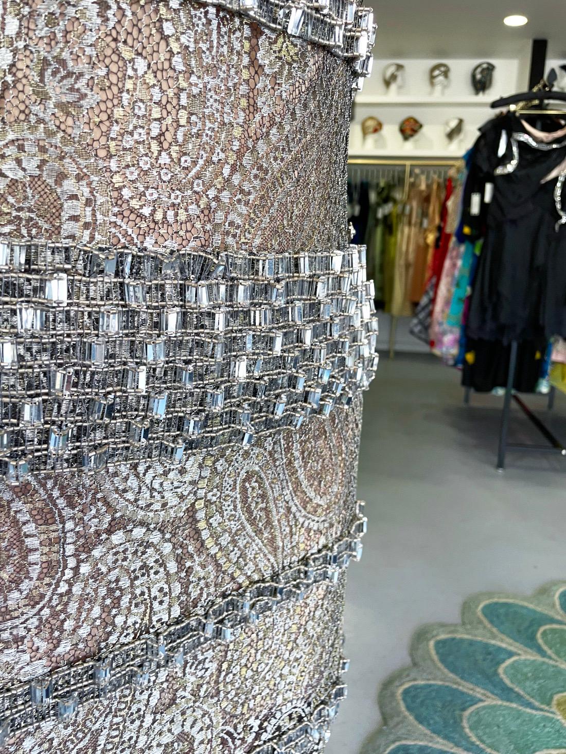 2012 Chanel by Karl Lagerfeld Runway Crystal Beaded Sheer Silver Gold Lace Dress For Sale 2