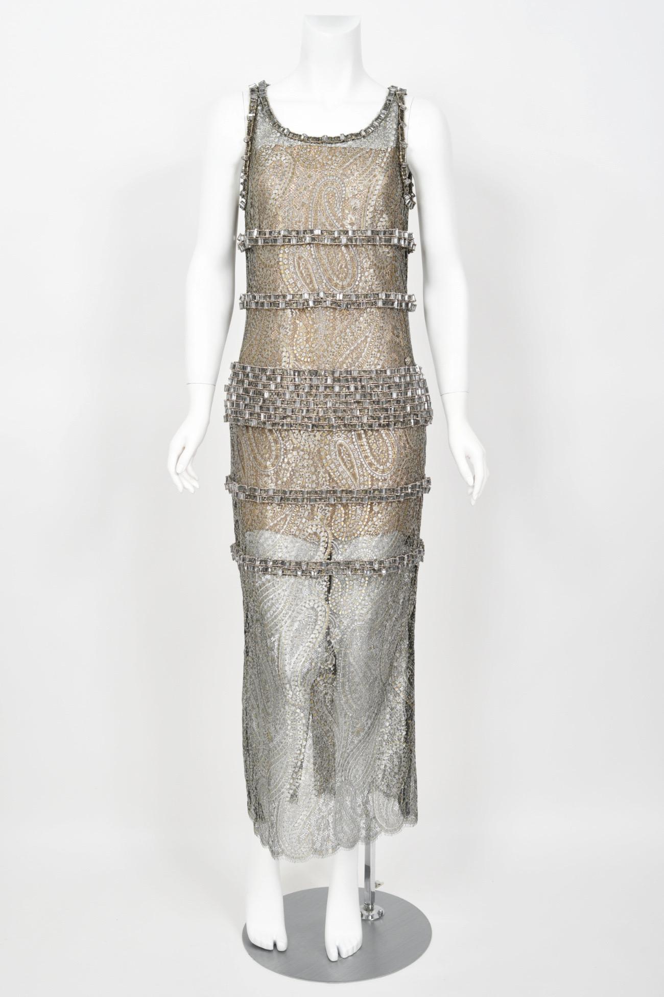 2012 Chanel by Karl Lagerfeld Runway Crystal Beaded Sheer Silver Gold Lace Dress For Sale 3