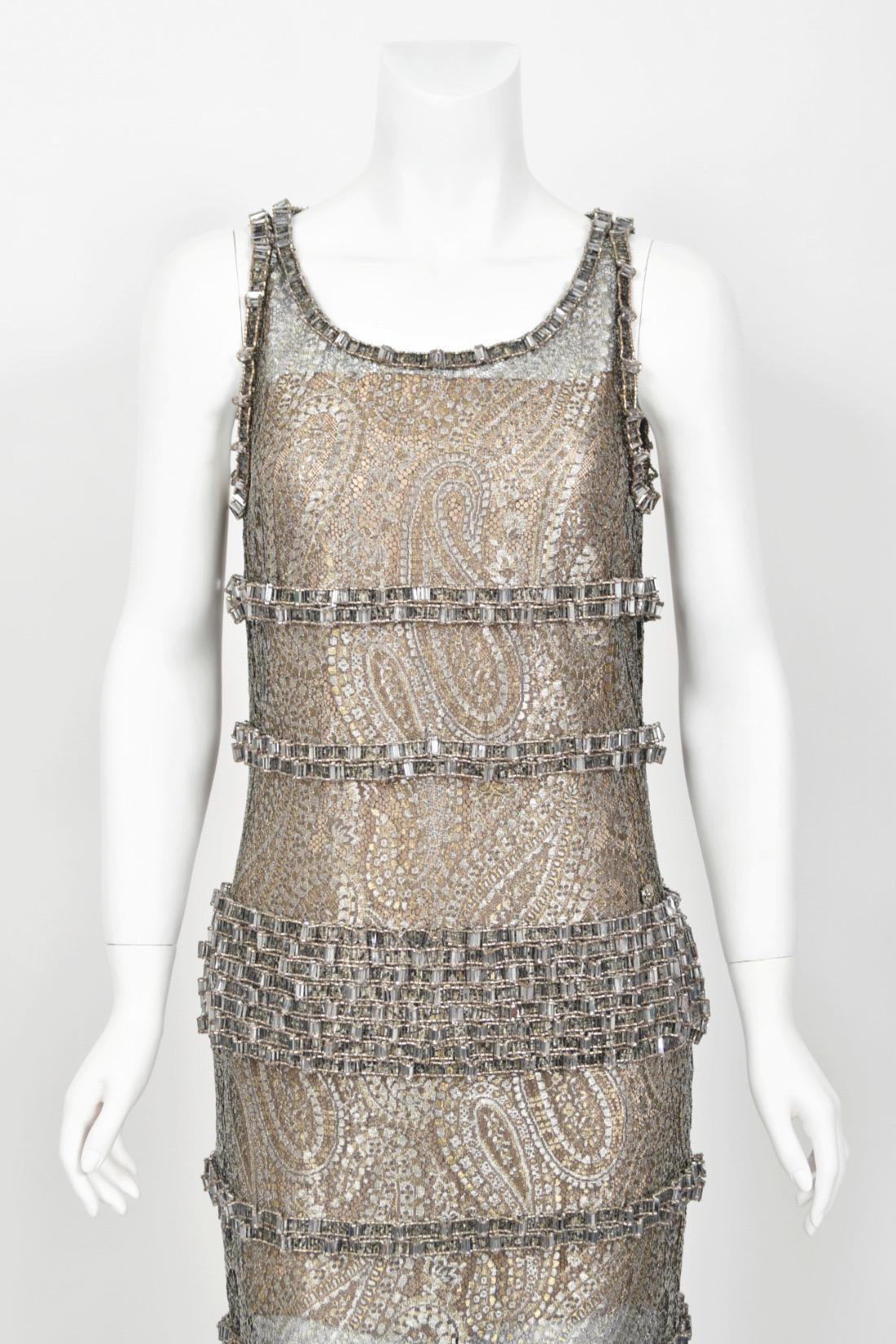 2012 Chanel by Karl Lagerfeld Runway Crystal Beaded Sheer Silver Gold Lace Dress For Sale 4
