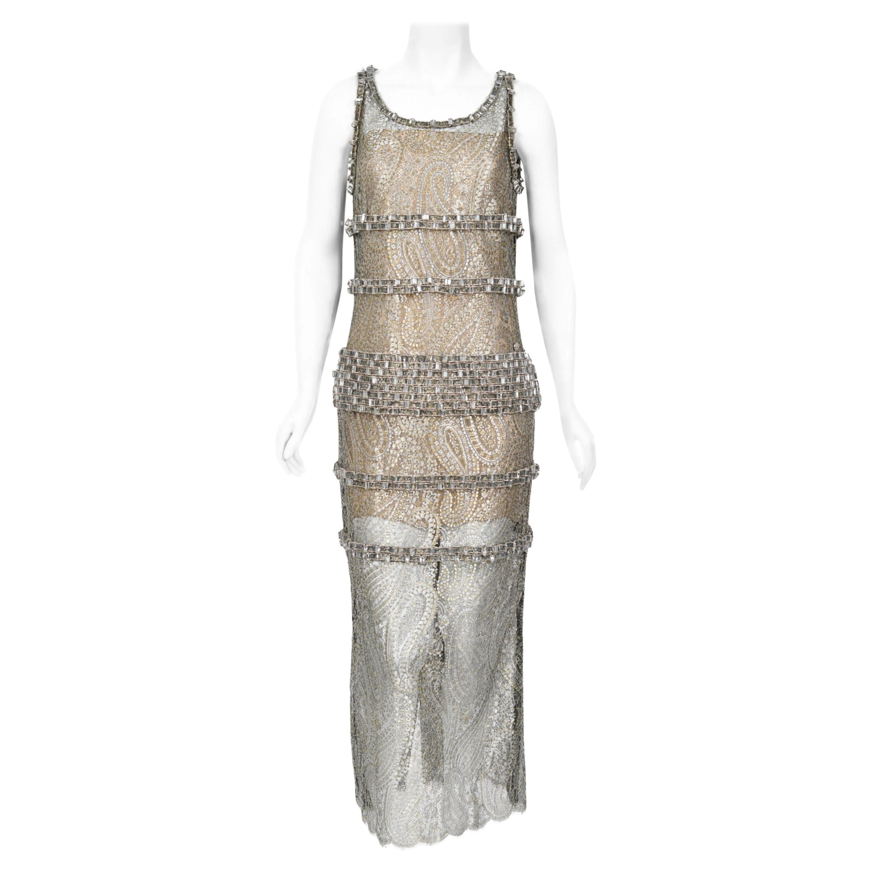 2012 Chanel by Karl Lagerfeld Runway Crystal Beaded Sheer Silver Gold Lace Dress For Sale