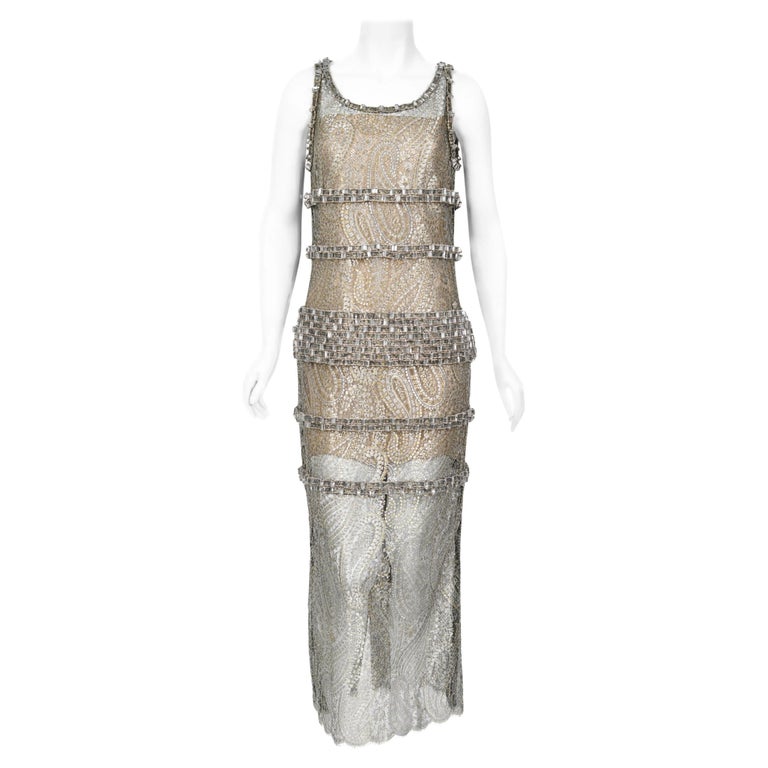 2012 Chanel by Karl Lagerfeld Runway Crystal Beaded Sheer Silver Gold Lace  Dress For Sale at 1stDibs