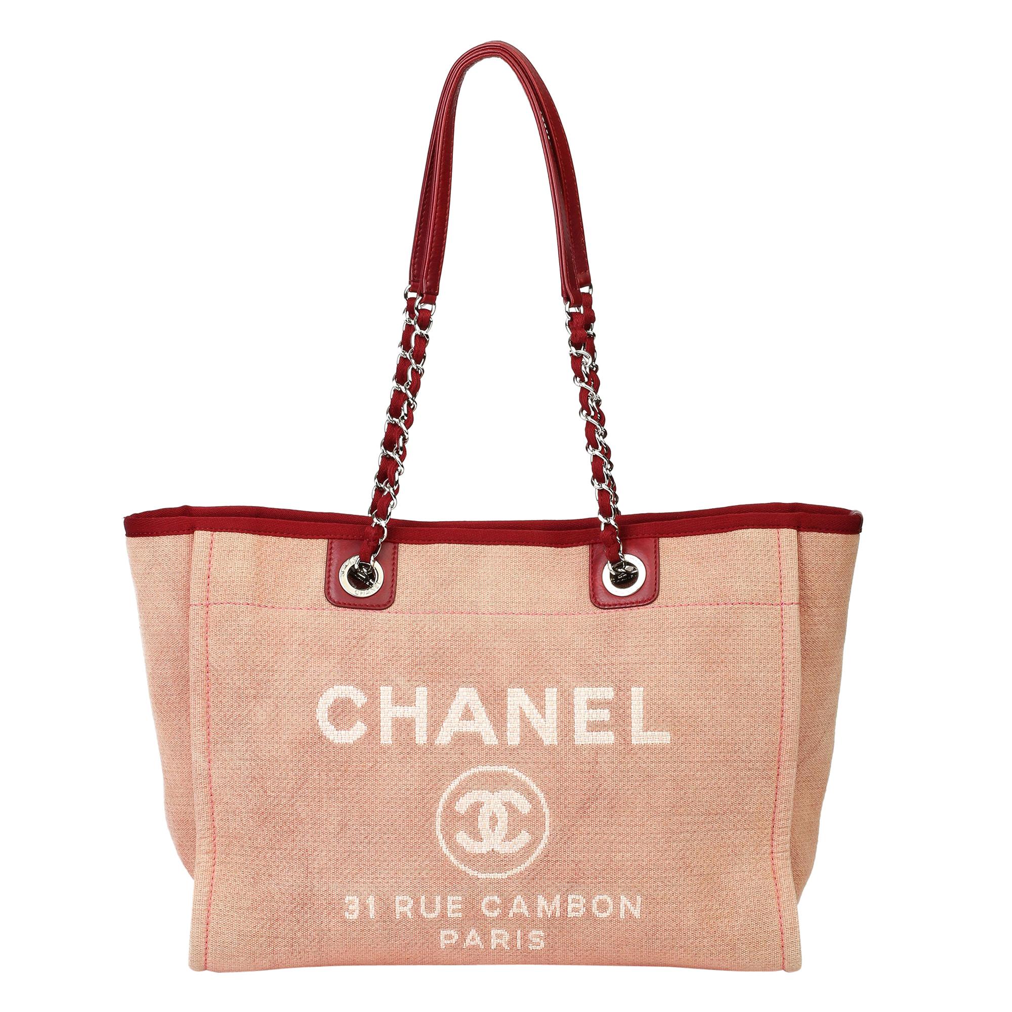 2012 Chanel Red Canvas & Calfskin Leather Small Deauville Tote