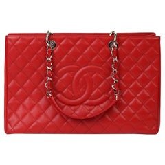2012 Chanel Rot Gesteppt Kaviar Leder Grand Einkaufstasche XL