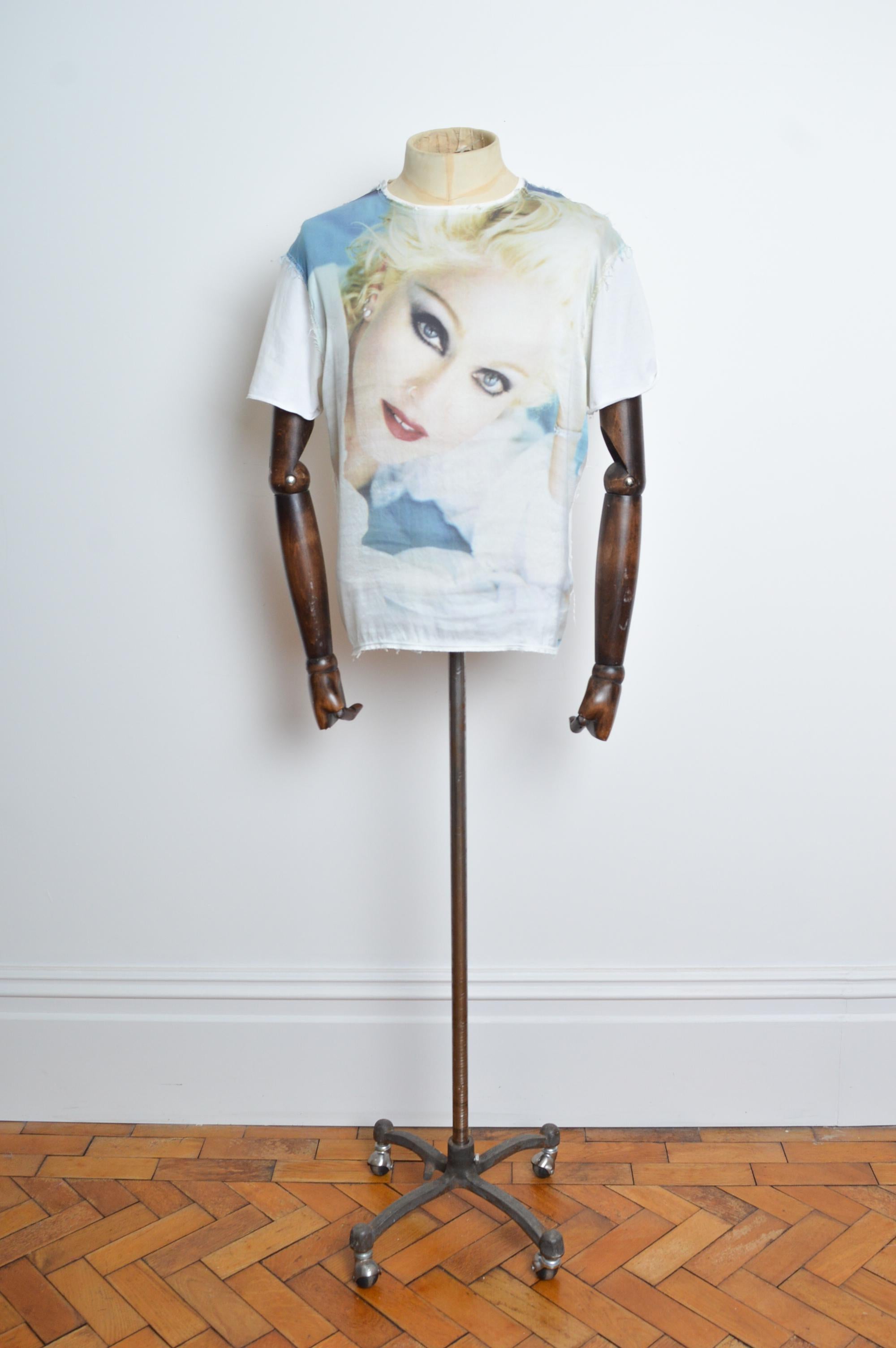 2012 DOLCE & GABBANA Madonna ‘Boy Toy’ Silk Print Oversized T Shirt 
Raw Hemmed Silk appliqué on a white Cotton T-shirt. 
MADE IN ITALY. 
Size; ONE SIZE - upto a 46” Chest - this Garment looks great oversized too.
Measurements are provided in inches