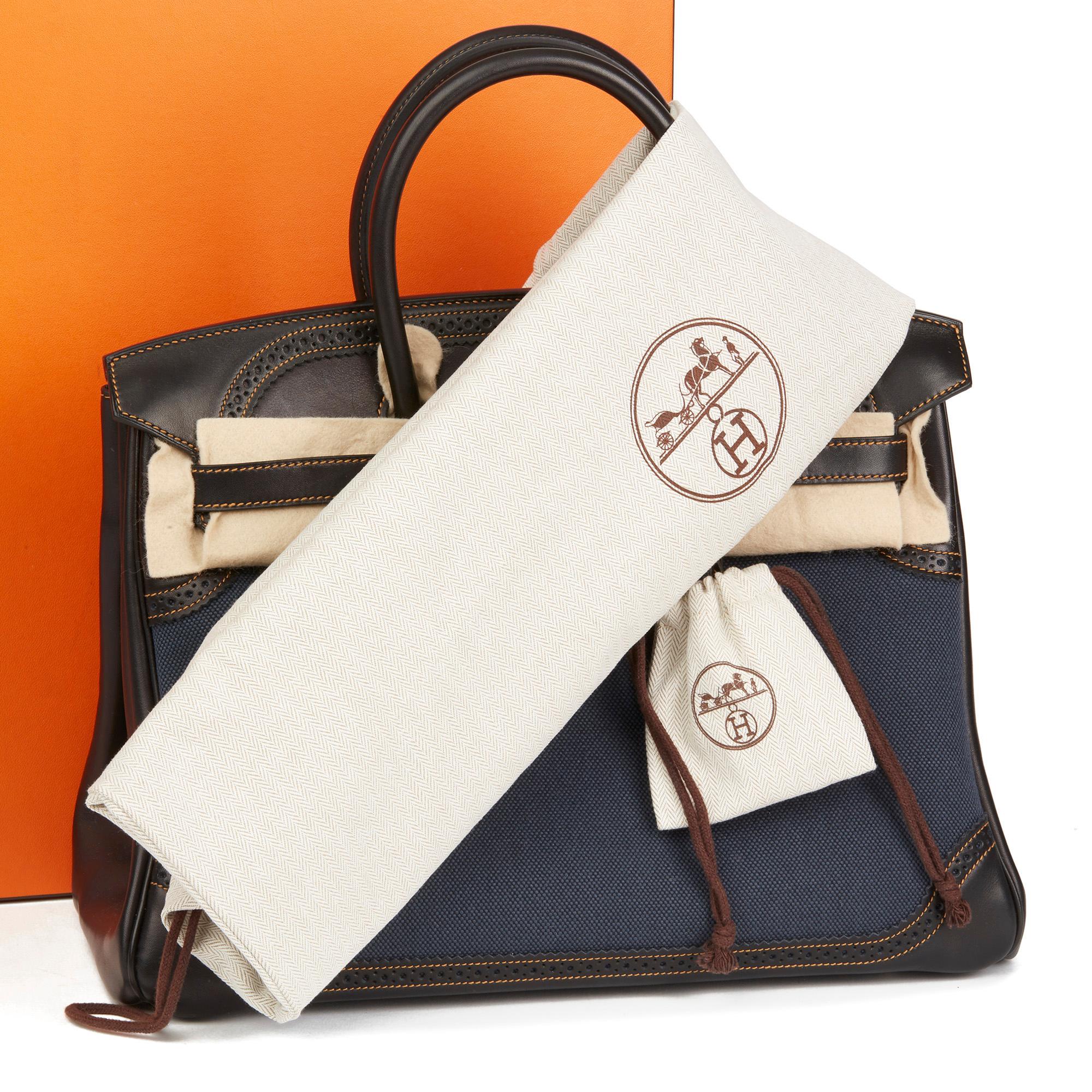 2012 Hermes Black Evercalf Leather & Blue Denim Toile Ghillies Birkin 35cm 6