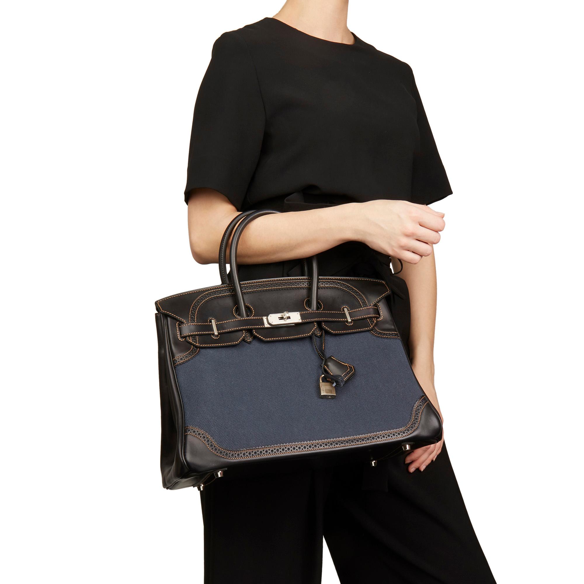 2012 Hermes Black Evercalf Leather & Blue Denim Toile Ghillies Birkin 35cm 7