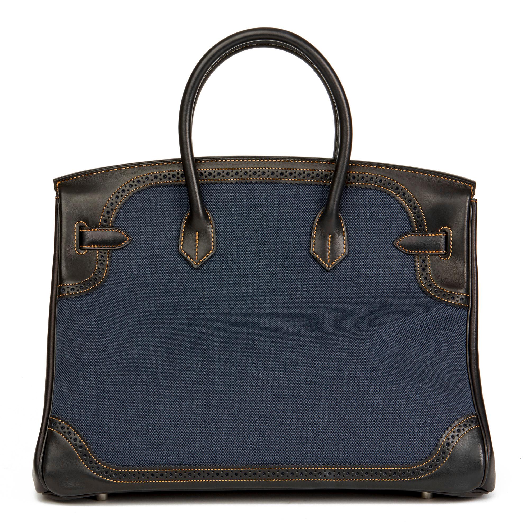 Women's 2012 Hermes Black Evercalf Leather & Blue Denim Toile Ghillies Birkin 35cm