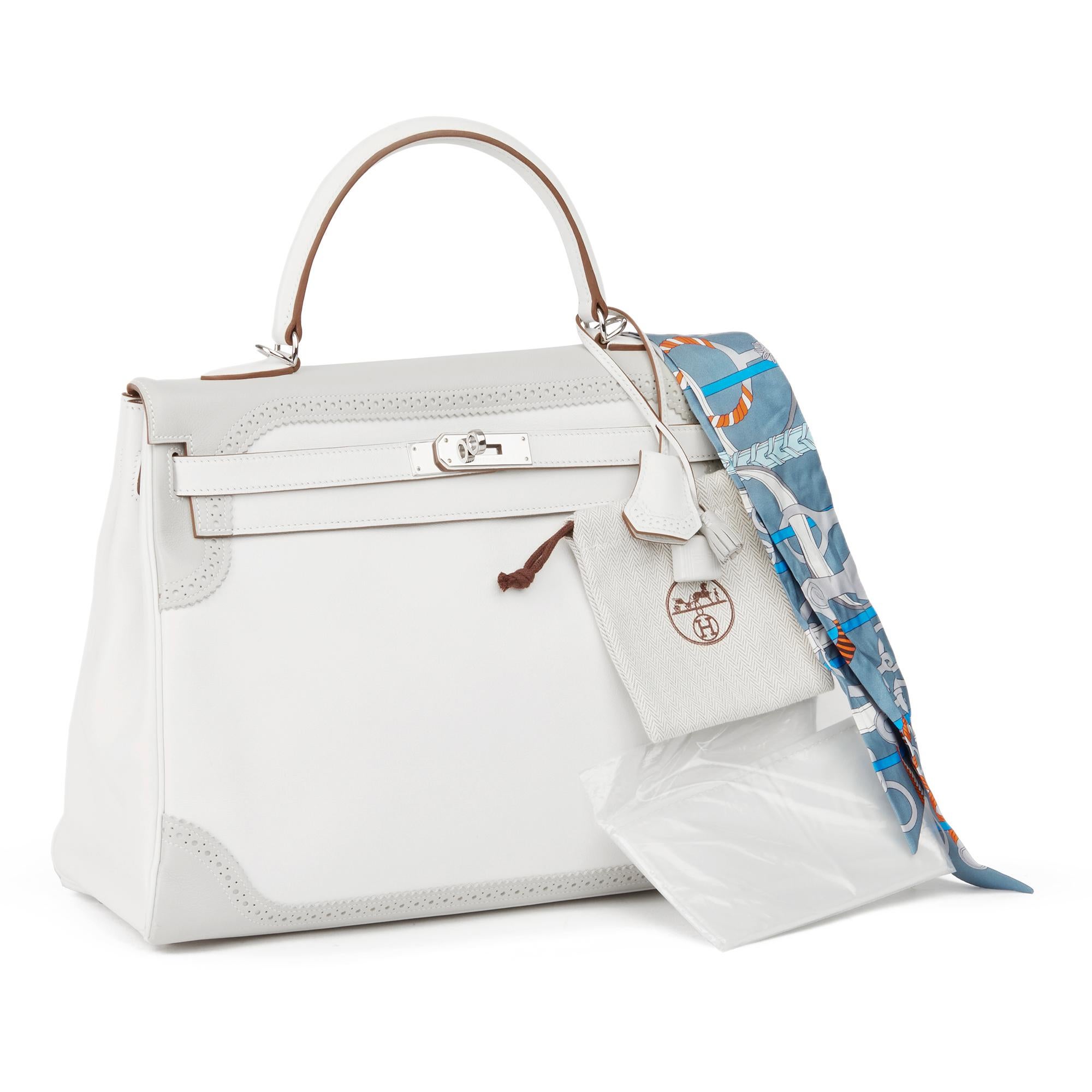 2012 Hermès Blanc & Gris Perle Swift Leather Ghillies Kelly 35cm Retourne 7