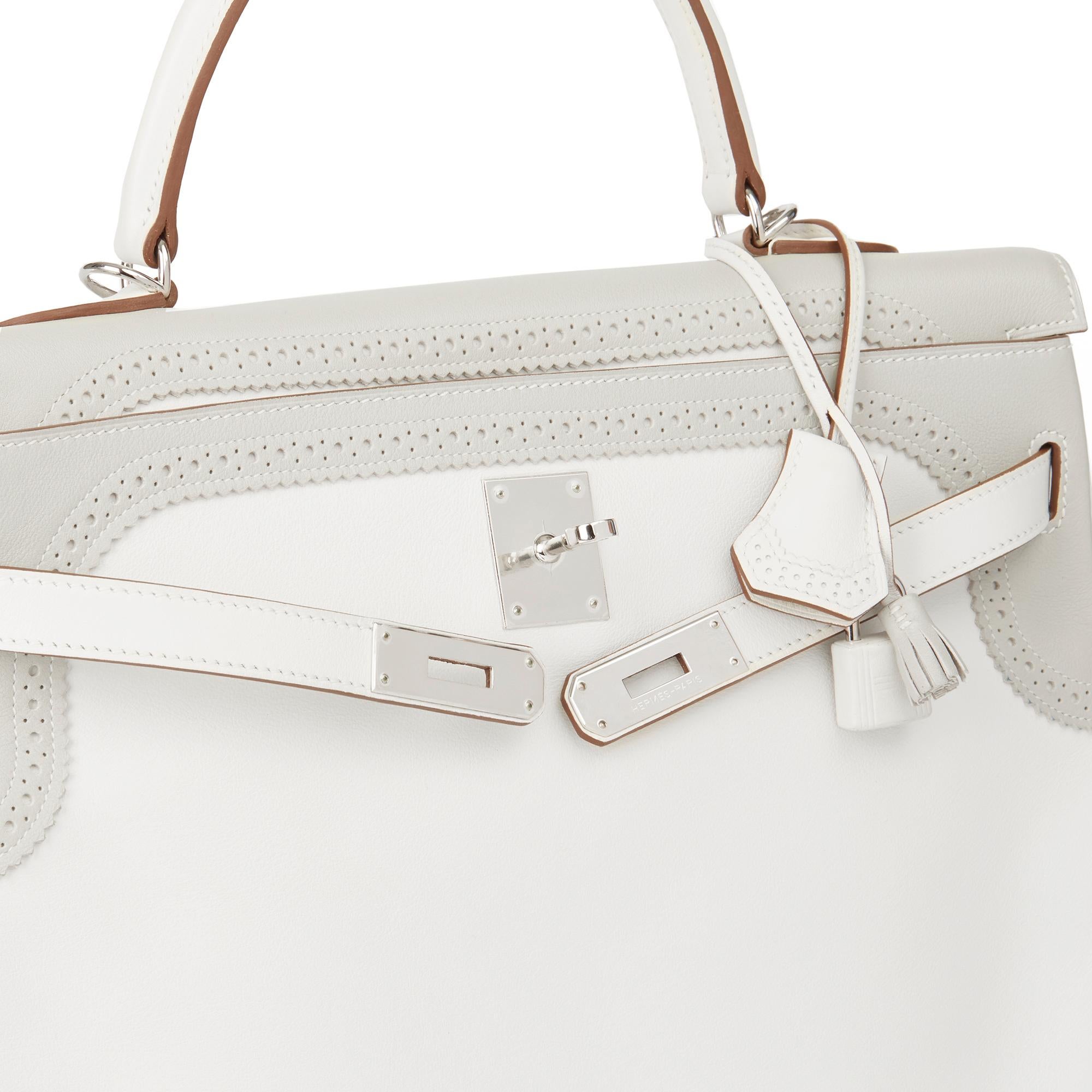 2012 Hermès Blanc & Gris Perle Swift Leather Ghillies Kelly 35cm Retourne 3