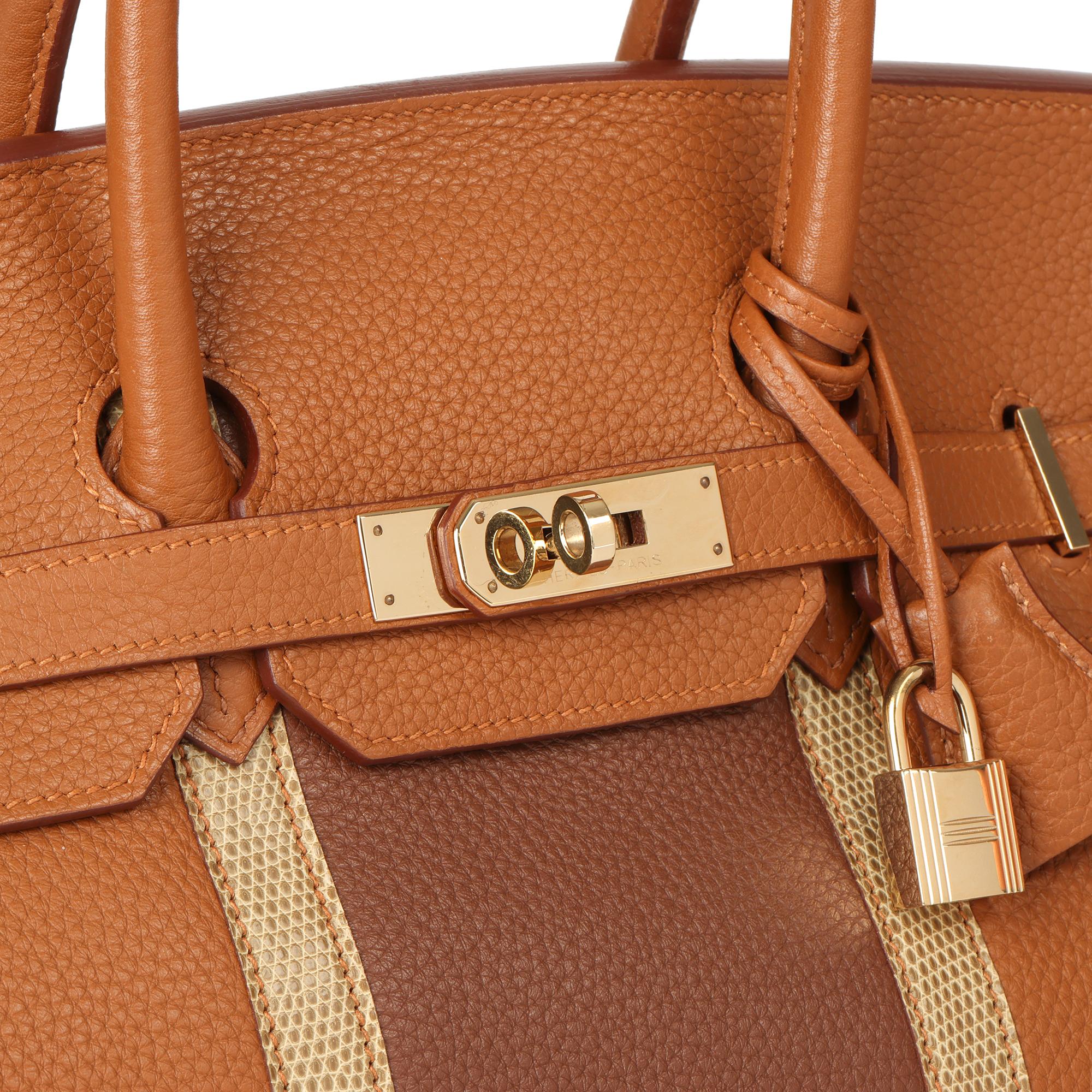 2012 Hermes Gold, Marron d'Inde Clemence Leather & Lizard Leather Club Birkin 35 1