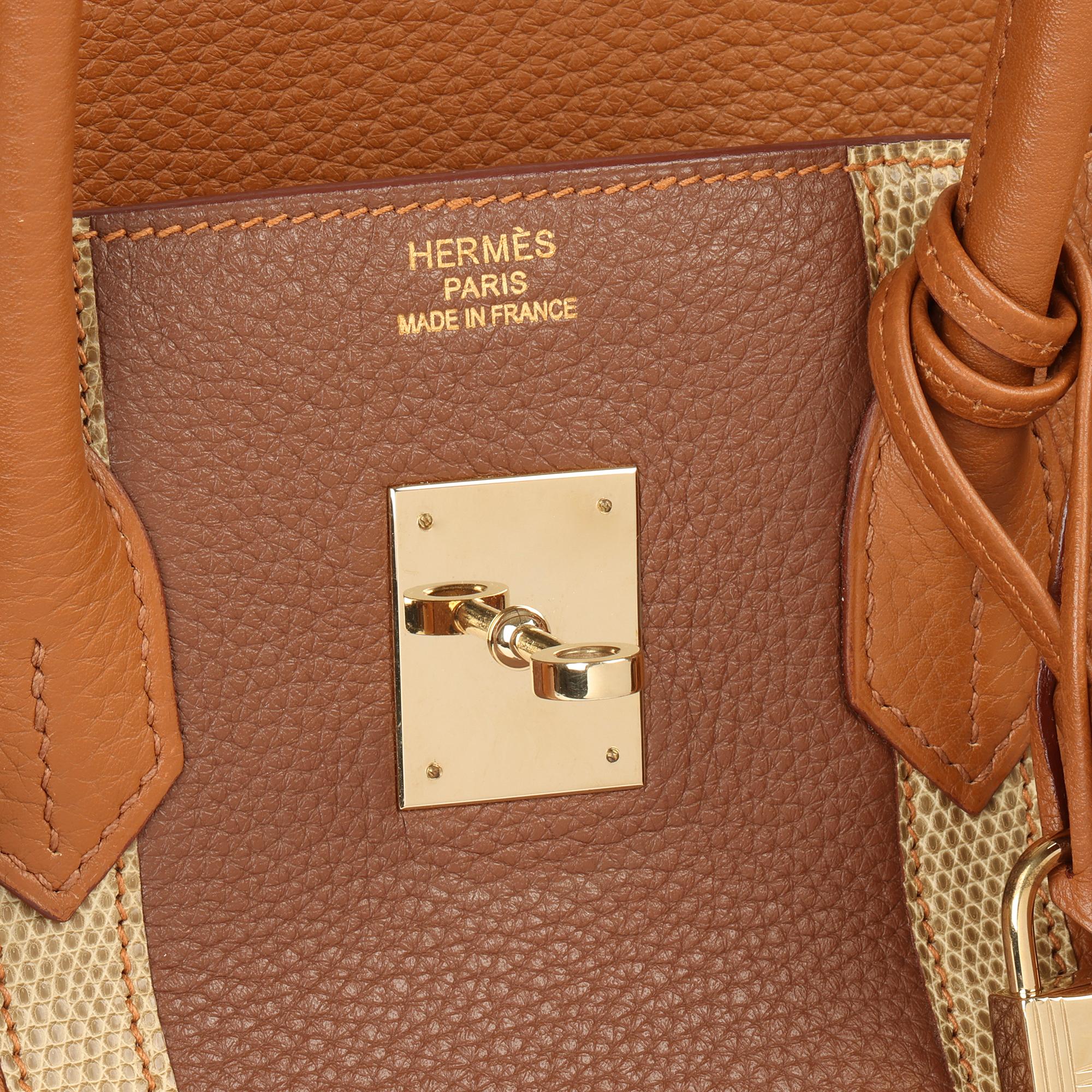 2012 Hermes Gold, Marron d'Inde Clemence Leather & Lizard Leather Club Birkin 35 2