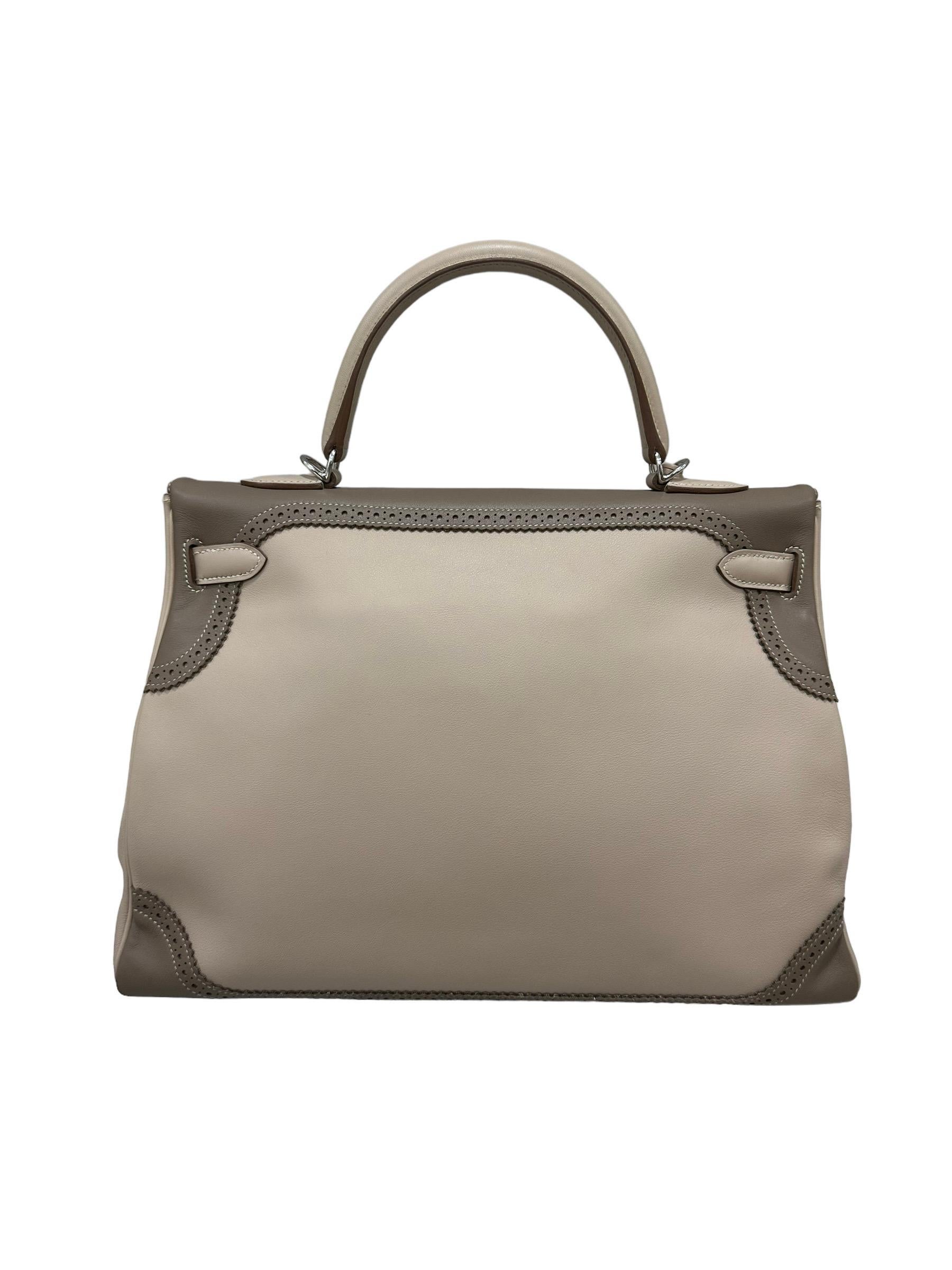 2012 Hermès Kelly 35 Ghillies Evercalf Craie/Taupe For Sale 3