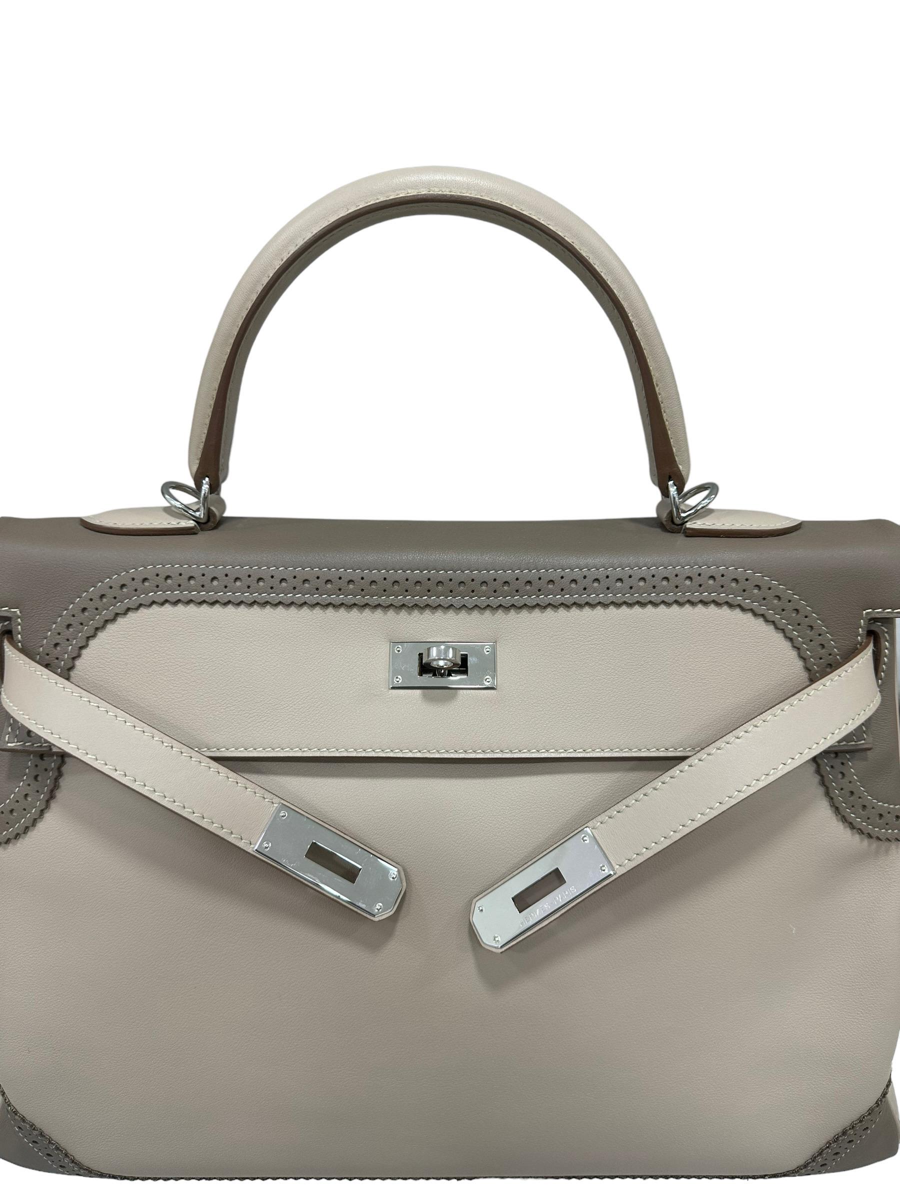 2012 Hermès Kelly 35 Ghillies Evercalf Craie/Taupe For Sale 5
