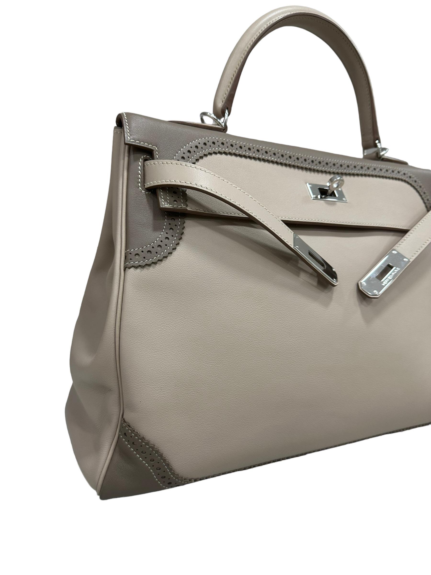 2012 Hermès Kelly 35 Ghillies Evercalf Craie/Taupe For Sale 6