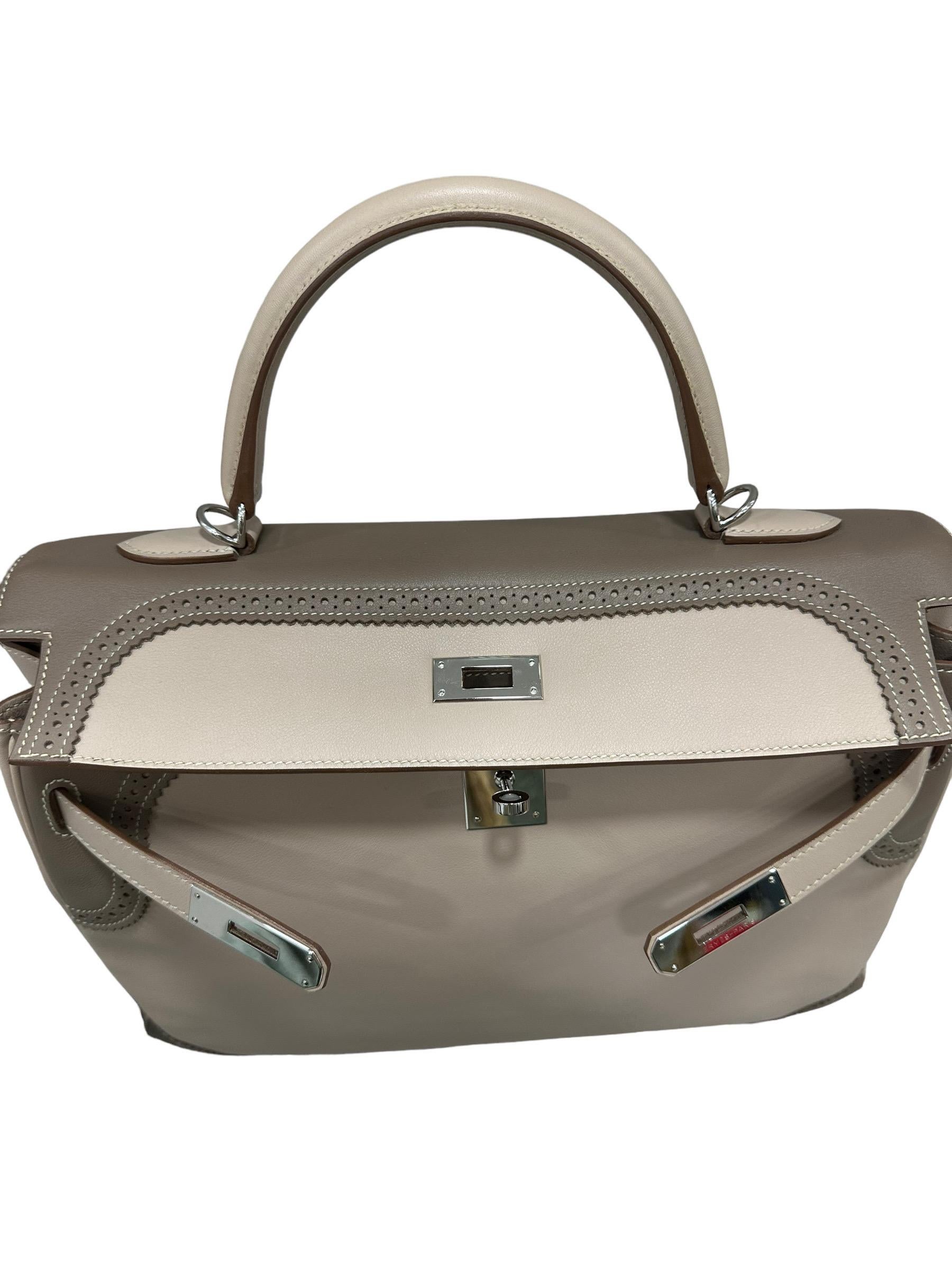 2012 Hermès Kelly 35 Ghillies Evercalf Craie/Taupe For Sale 8