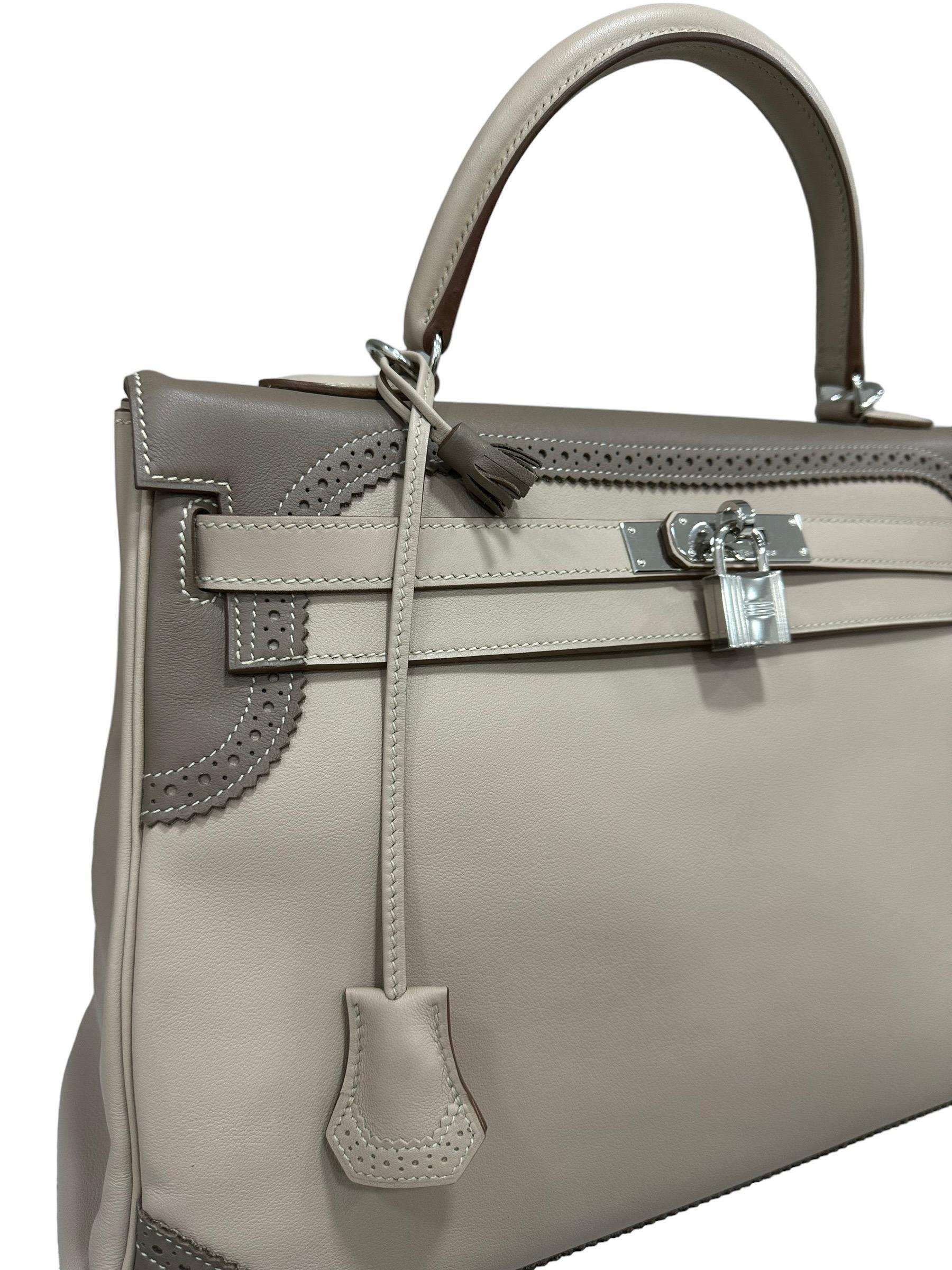2012 Hermès Kelly 35 Ghillies Evercalf Craie/Taupe (Grau) im Angebot