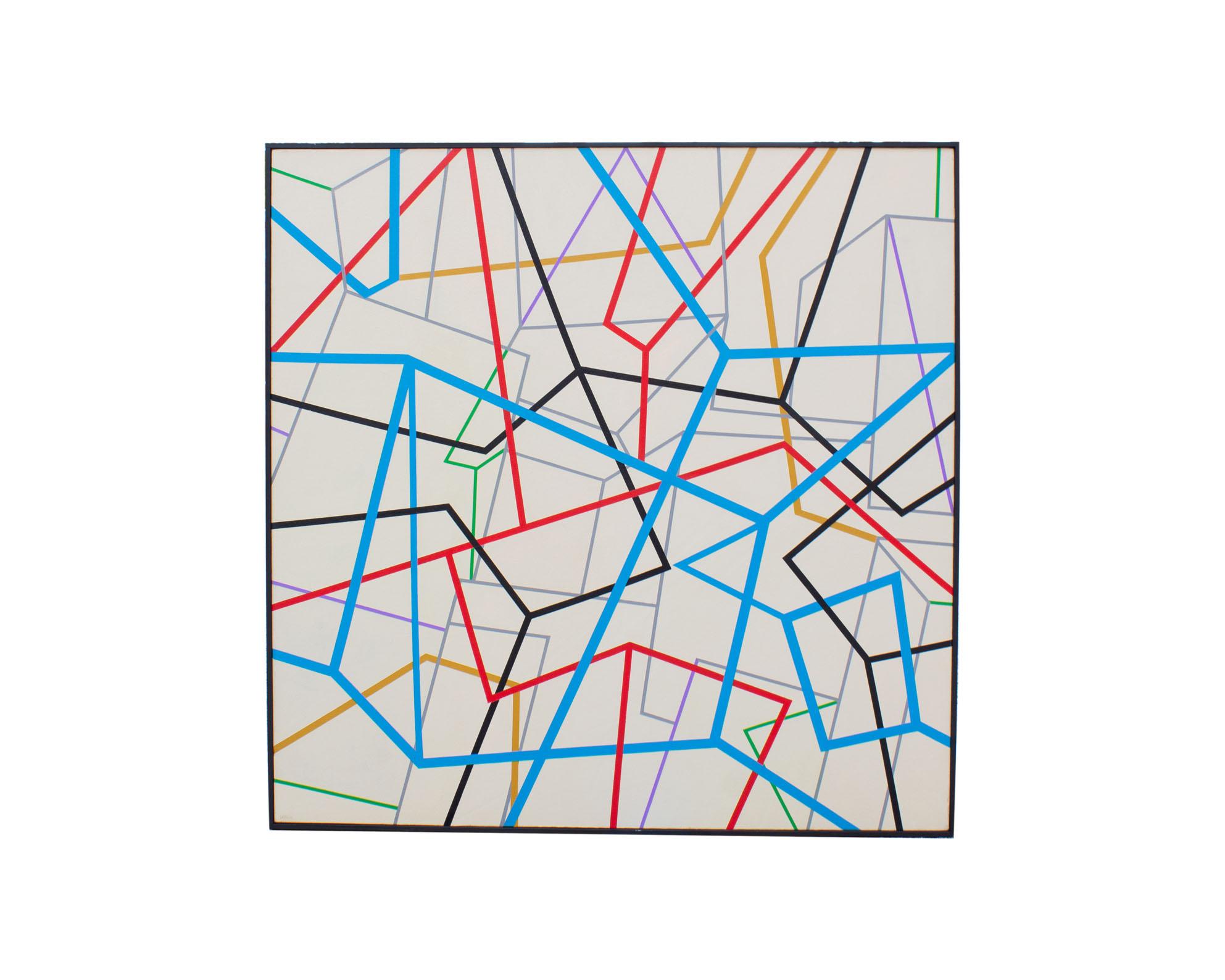 Ein abstraktes Gemälde in Öl auf Leinwand aus dem Jahr 2012 mit dem Titel Easy Money des amerikanischen Künstlers James Massena March (1953-2021). Diese geometrische Komposition zeigt farbenfrohe, miteinander verbundene Linien auf hellbraunem Grund,