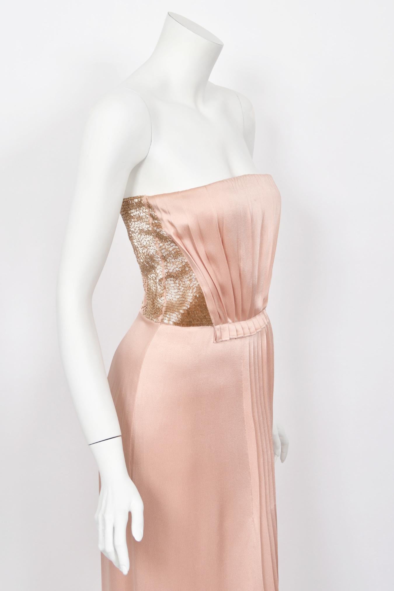 2012 John Galliano Blush Pink Silk Beaded Bustier Strapless Pleated-Side Gown For Sale 5
