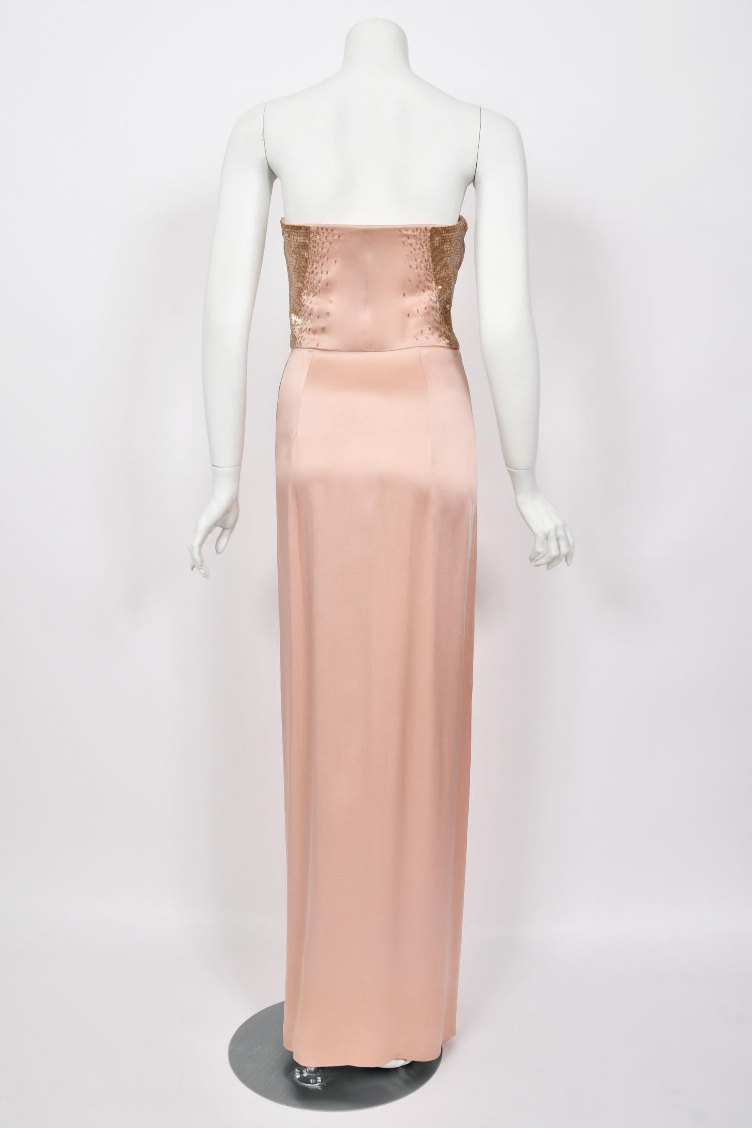 2012 John Galliano Blush Pink Silk Beaded Bustier Strapless Pleated-Side Gown For Sale 6