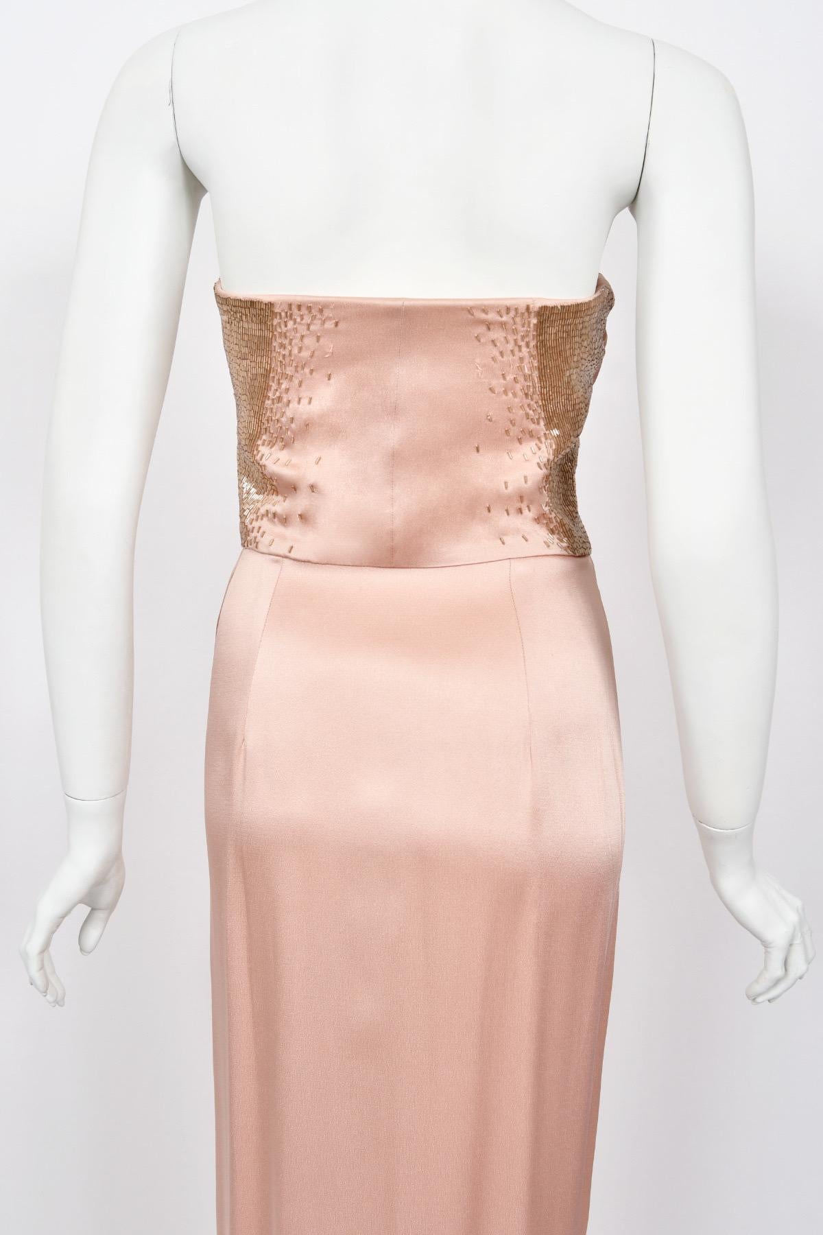 2012 John Galliano Blush Pink Silk Beaded Bustier Strapless Pleated-Side Gown For Sale 7