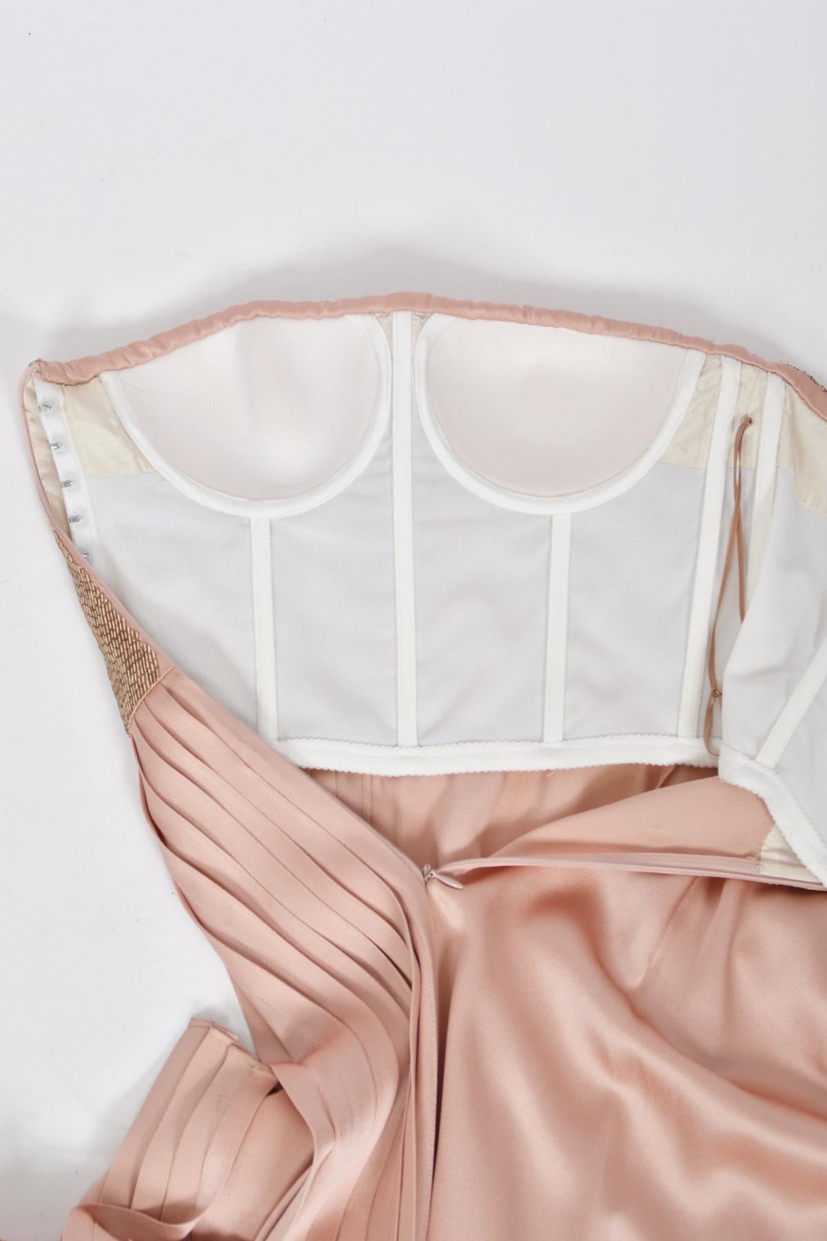2012 John Galliano Blush Pink Silk Beaded Bustier Strapless Pleated-Side Gown For Sale 8